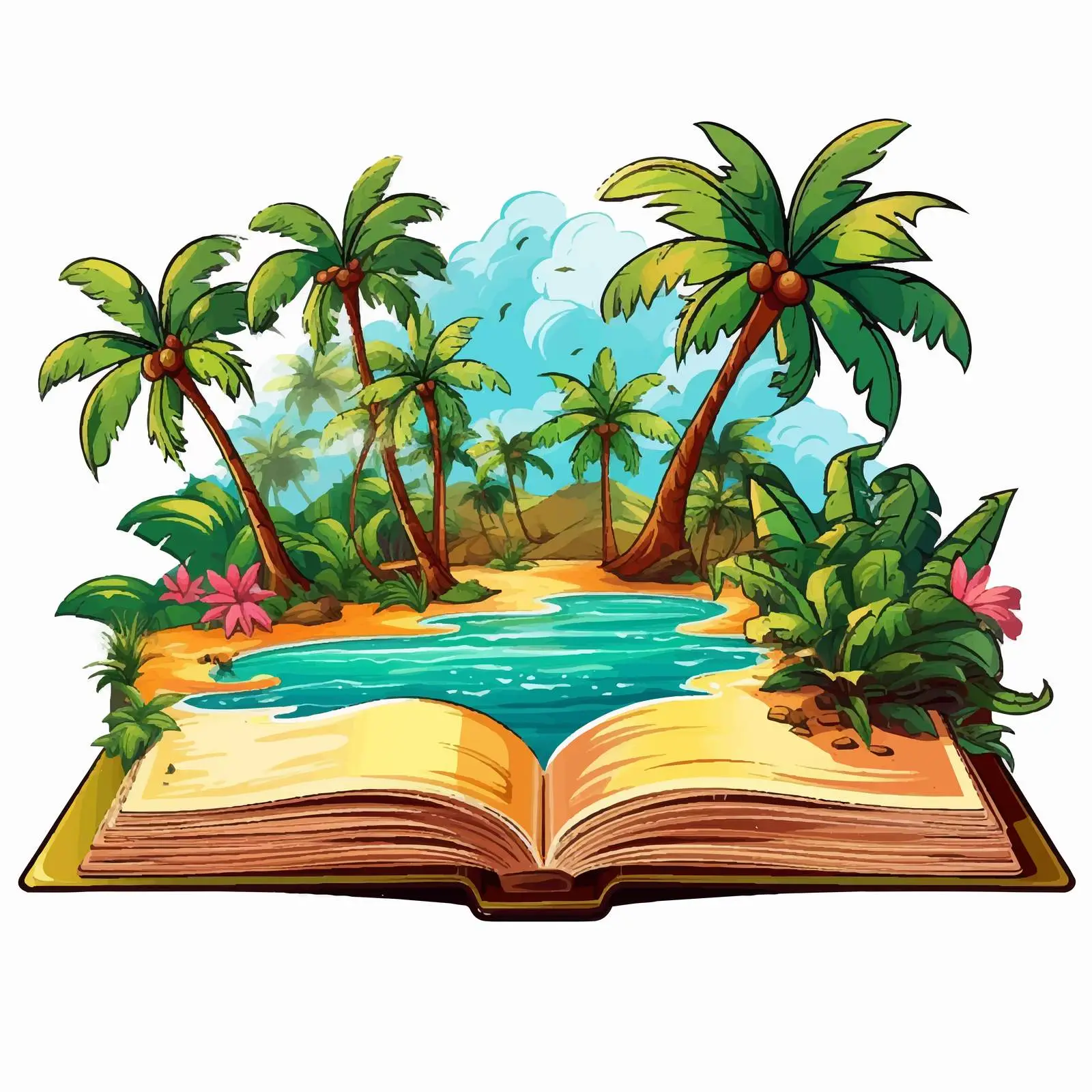 Open Book Illustrating a Tropical Island Scene — free download from Dotvec