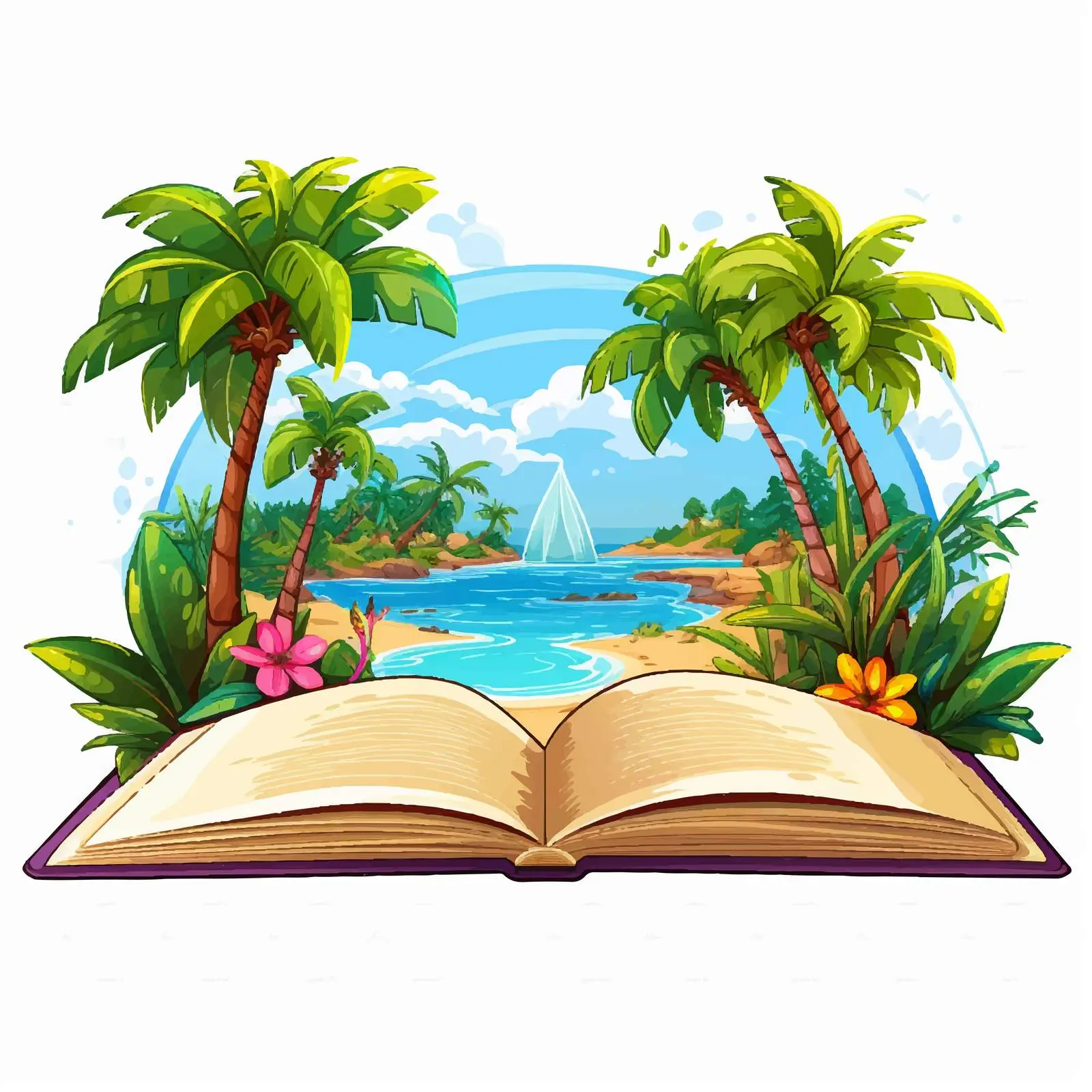 Open Book with Tropical Island Vector Illustration — free download from Dotvec