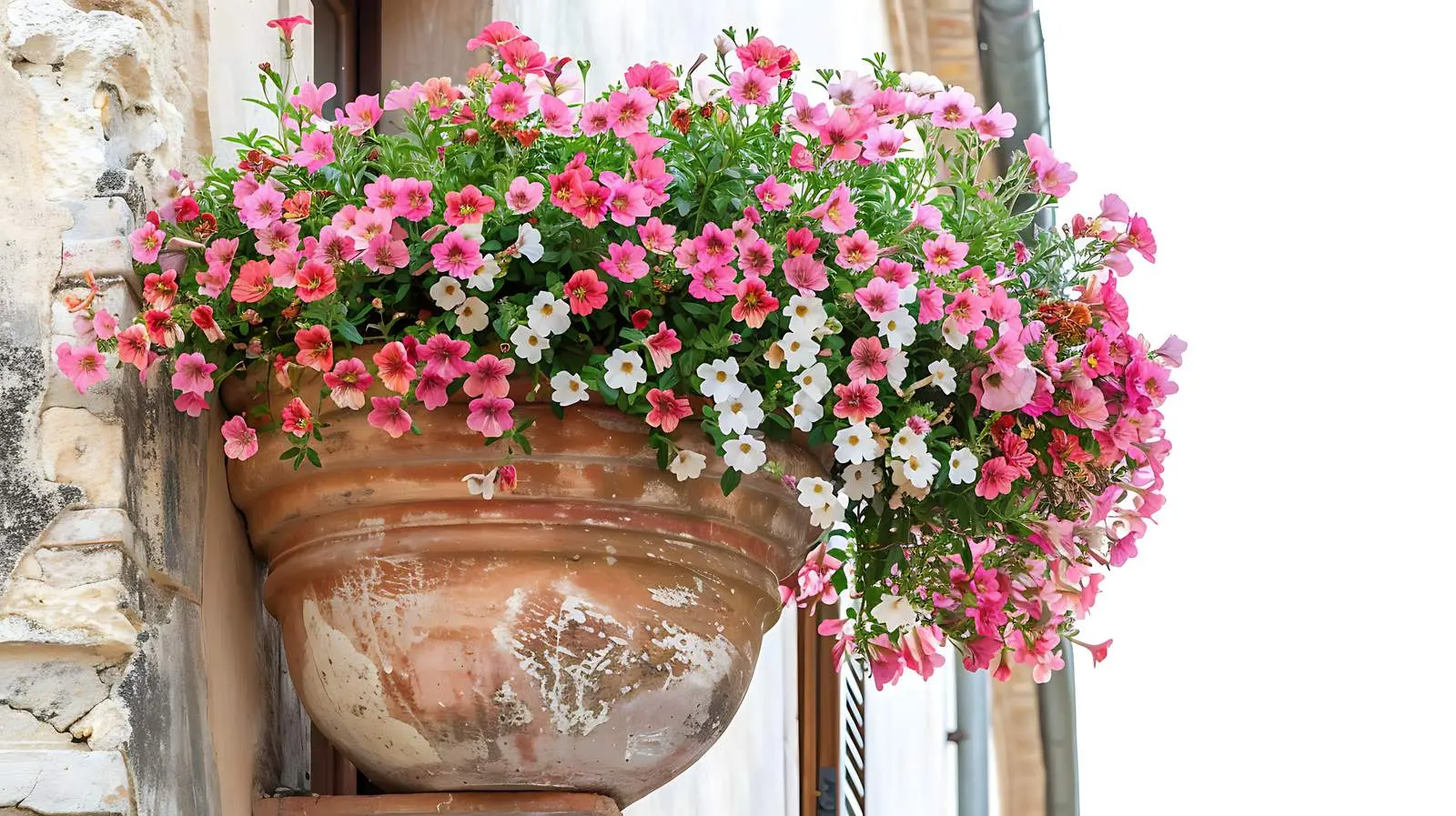 Ancient Clay Pot with Pink and White Flowers – free backyard image from Dotvec