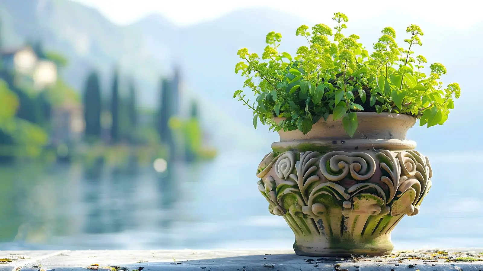 Ancient Flowerpot with Green Plants by Lake — free download from Dotvec