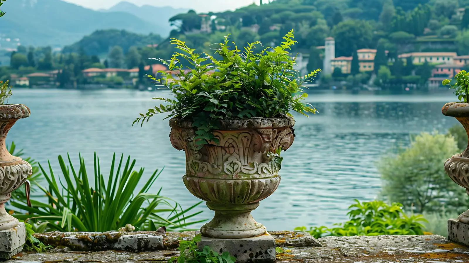 Ancient Flowerpot with Green Plants by Lake — free download from Dotvec