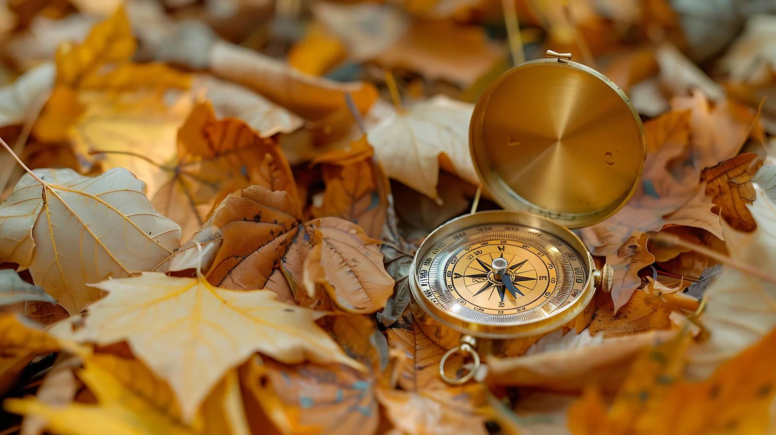 Golden compass resting on dry foliage — free download from Dotvec