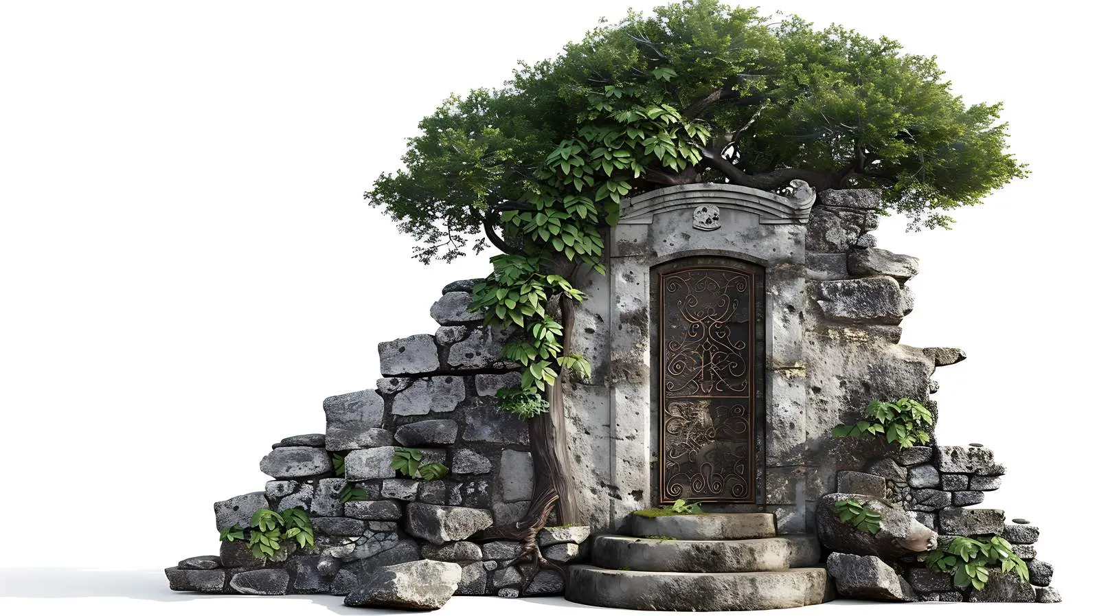 Ancient Stone Building with Door and Tree – free artifacts image from Dotvec