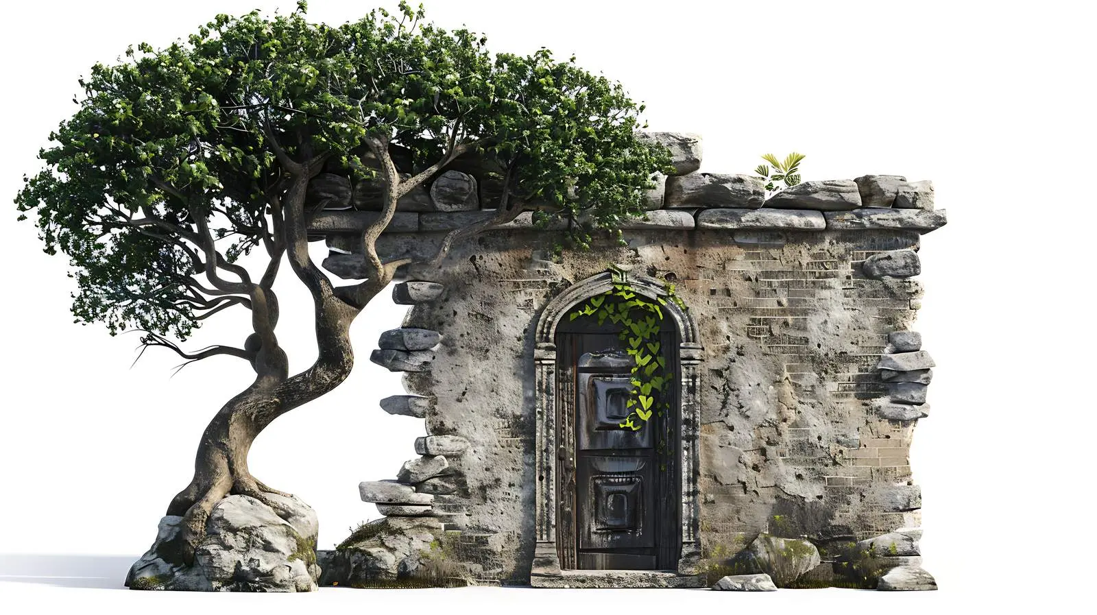 Ancient Stone Building with Door and Tree — free download from Dotvec