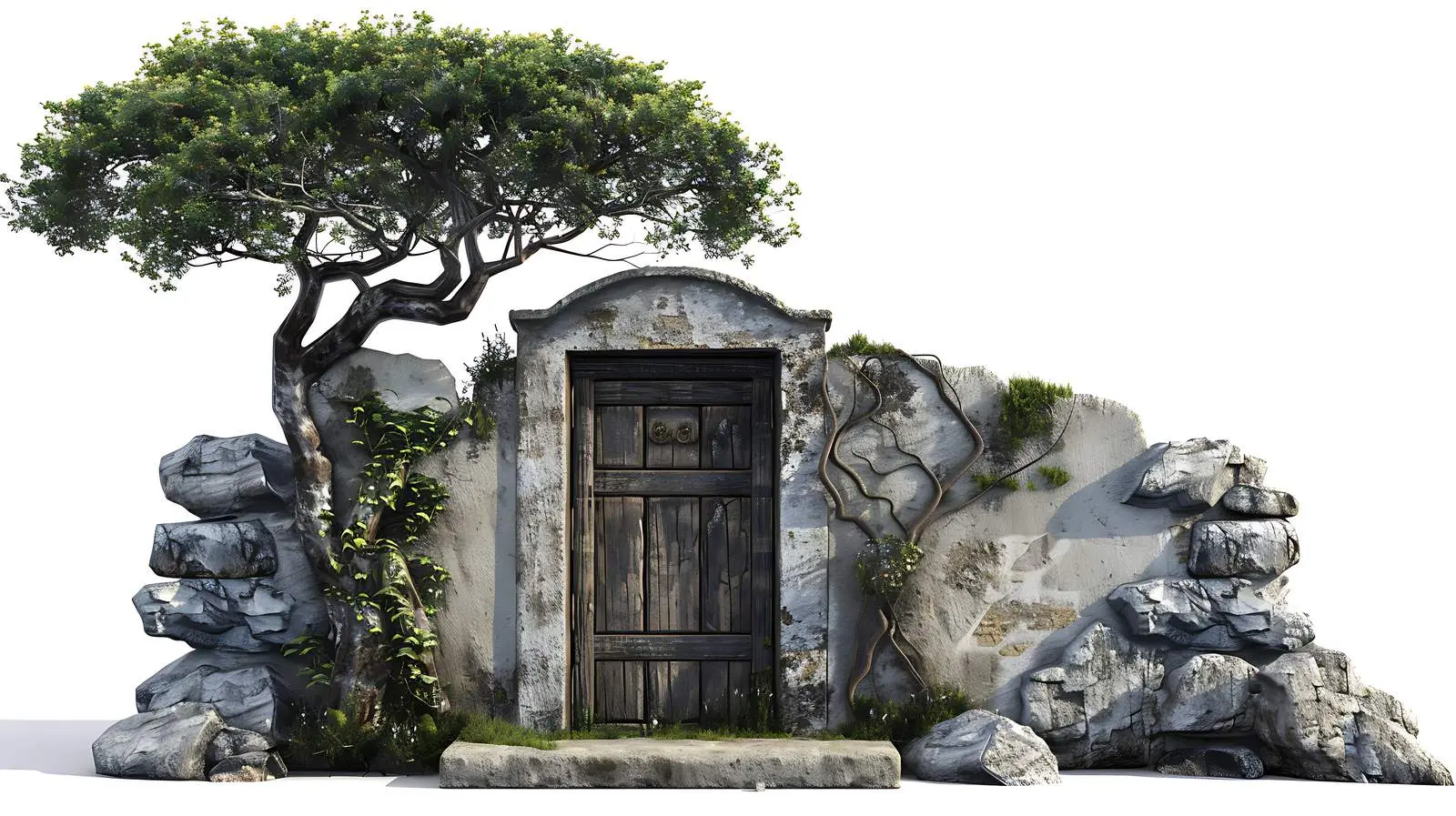 Ancient Stone Building with Door and Tree – free building image from Dotvec