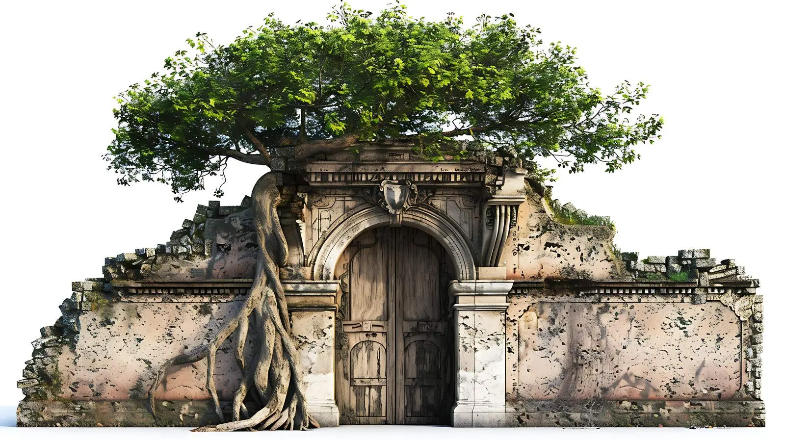 Ancient Stone Building with Tree on White Background – free building image from Dotvec