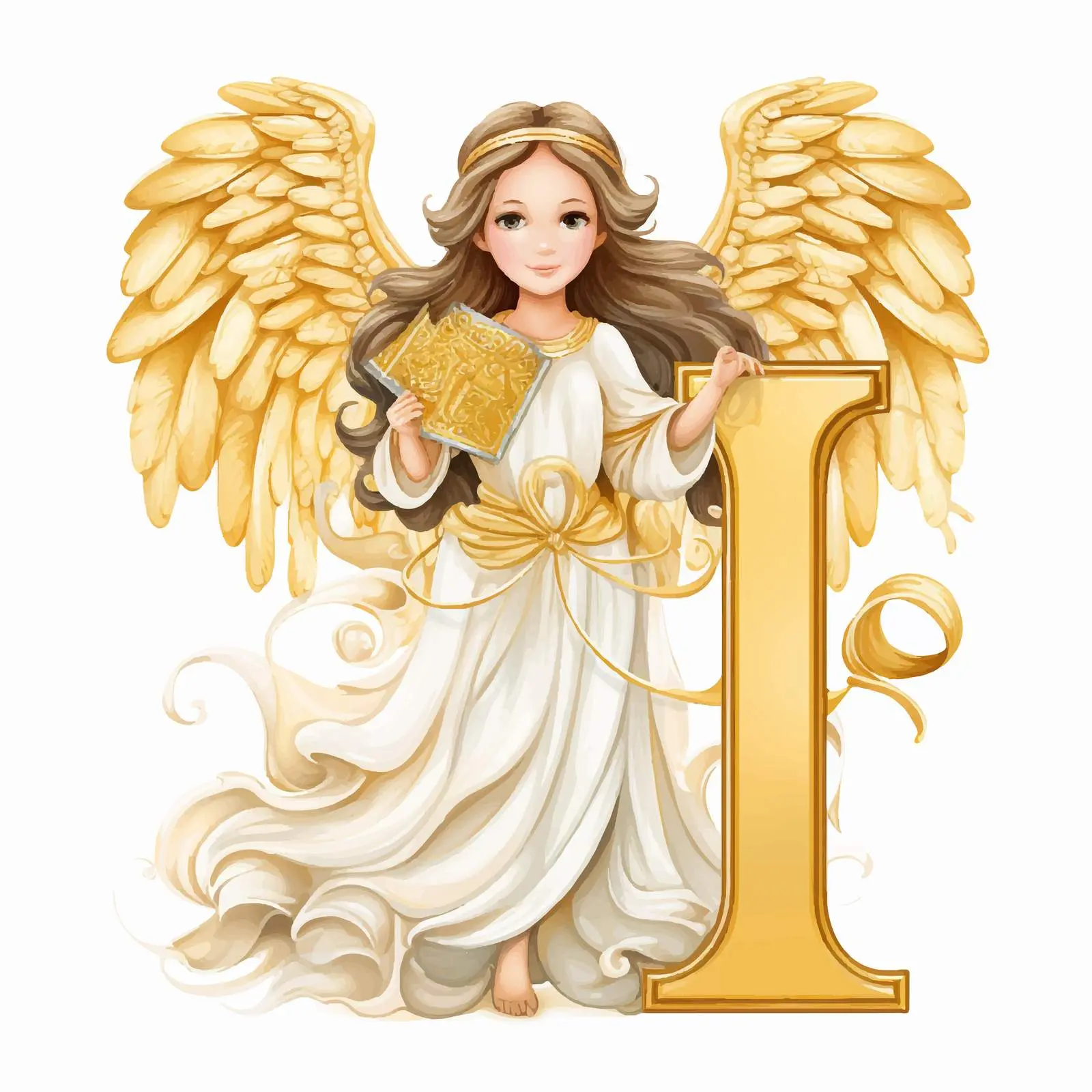 Vintage Religious Angel with Golden Letter I – free religious vector image from Dotvec
