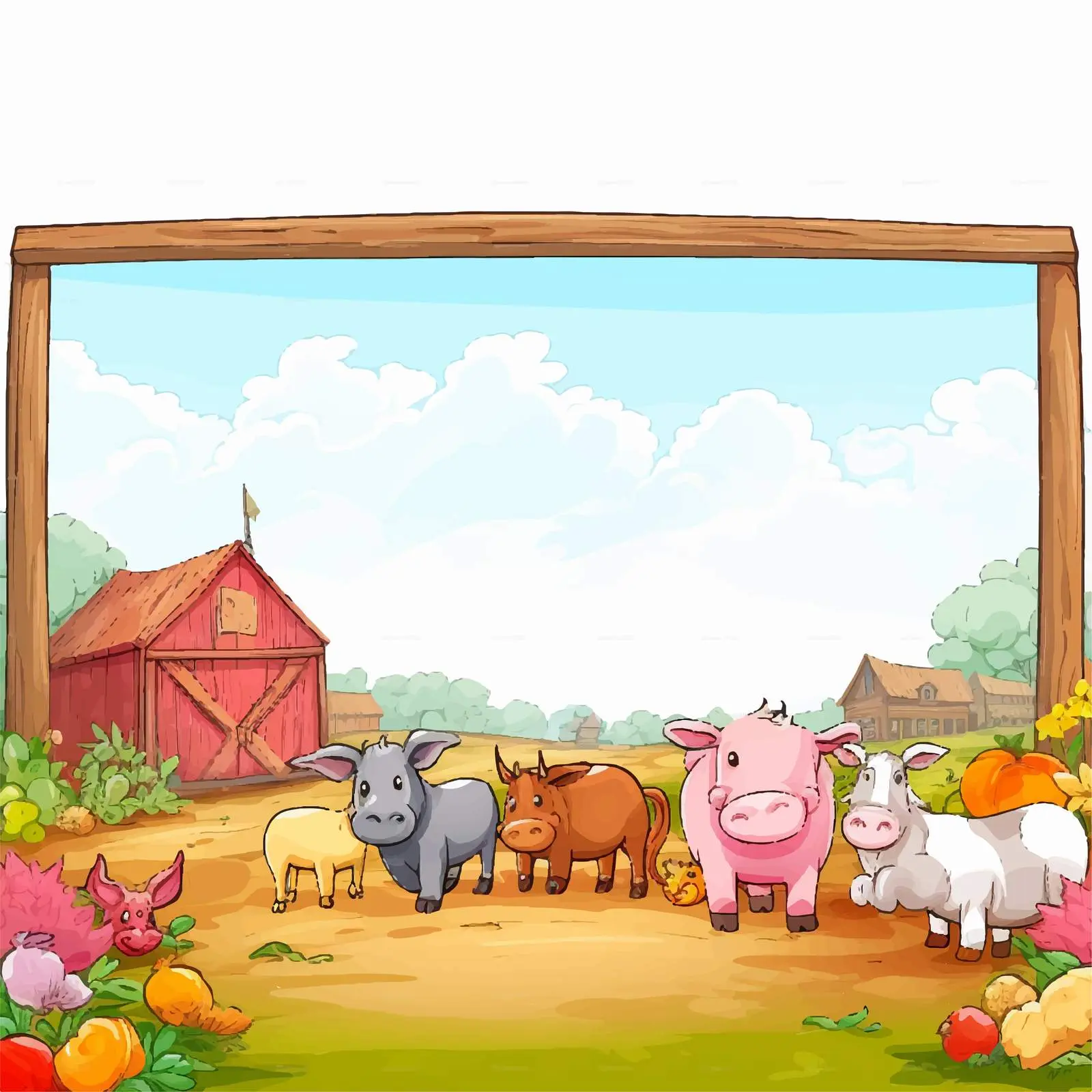 Animal Farm Illustration with Blank Banner – free farm scenery image from Dotvec