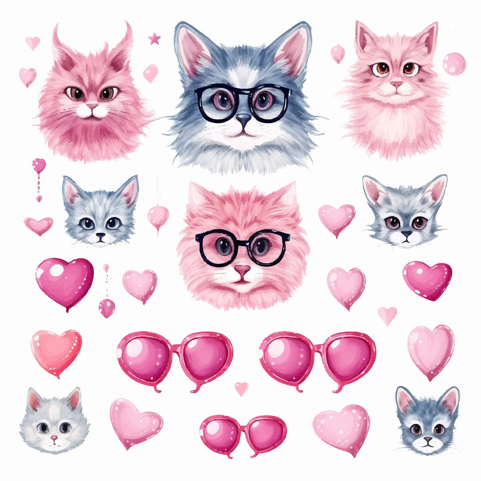 Cute Animals in Pink Hearts and Glasses Vector — free download from Dotvec