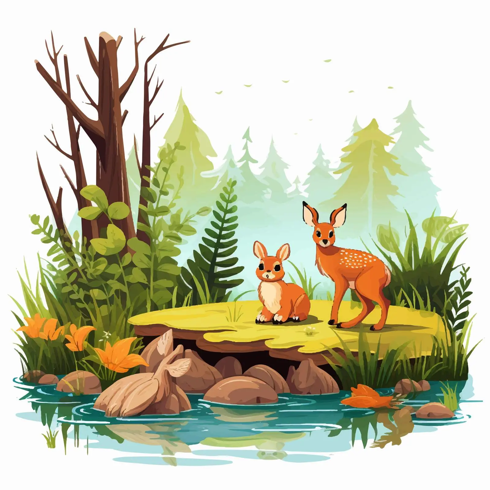 Forest Pond Animals Vector Illustration — free download from Dotvec