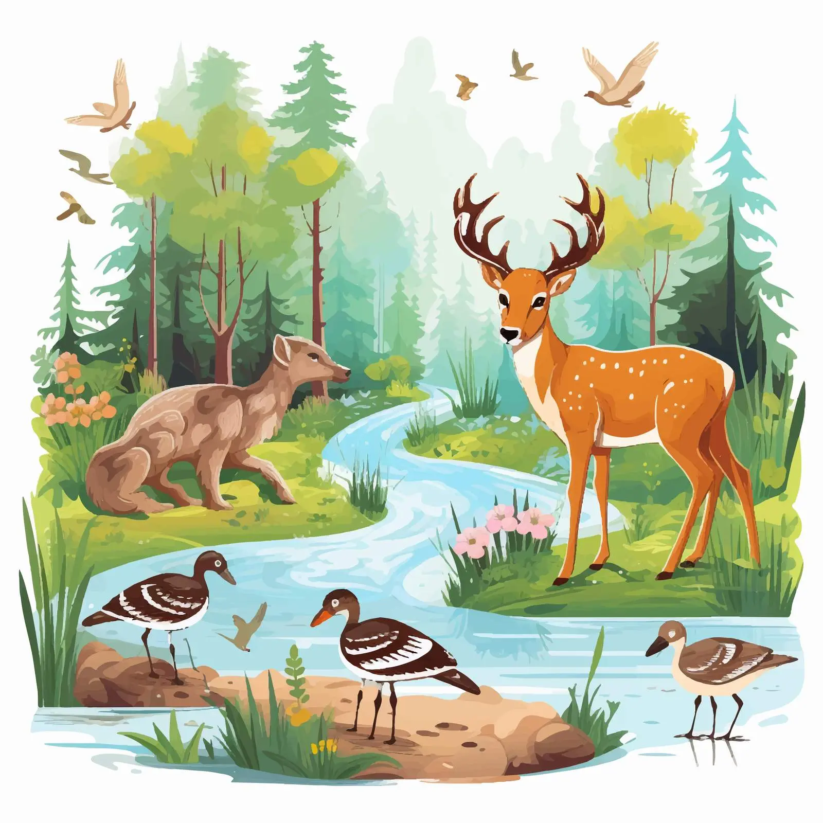 Forest Pond Animals Vector Illustration — free download from Dotvec
