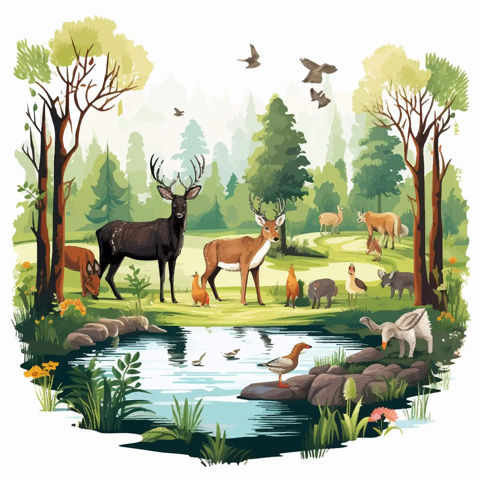 Forest Pond Animals Vector Cartoon Illustration — free download from Dotvec