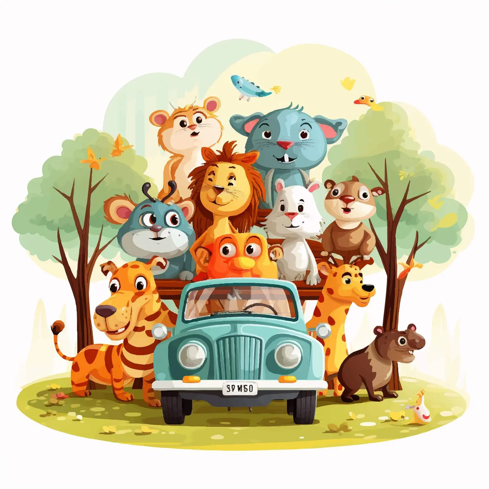Cartoon Animals Riding in a Car in the Park — free download from Dotvec