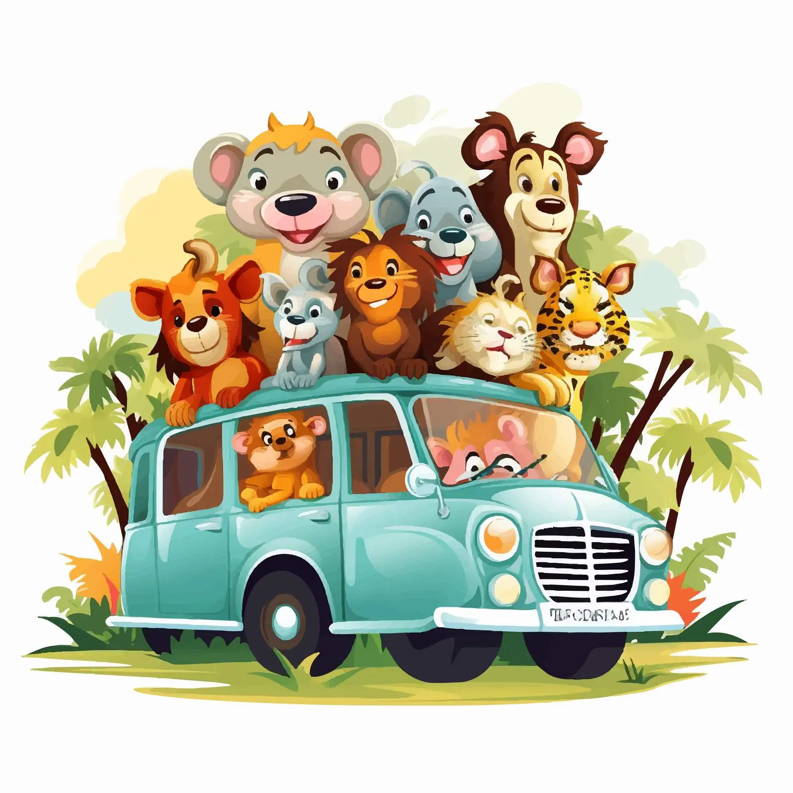Cartoon Animals Riding in a Car in Park — free download from Dotvec