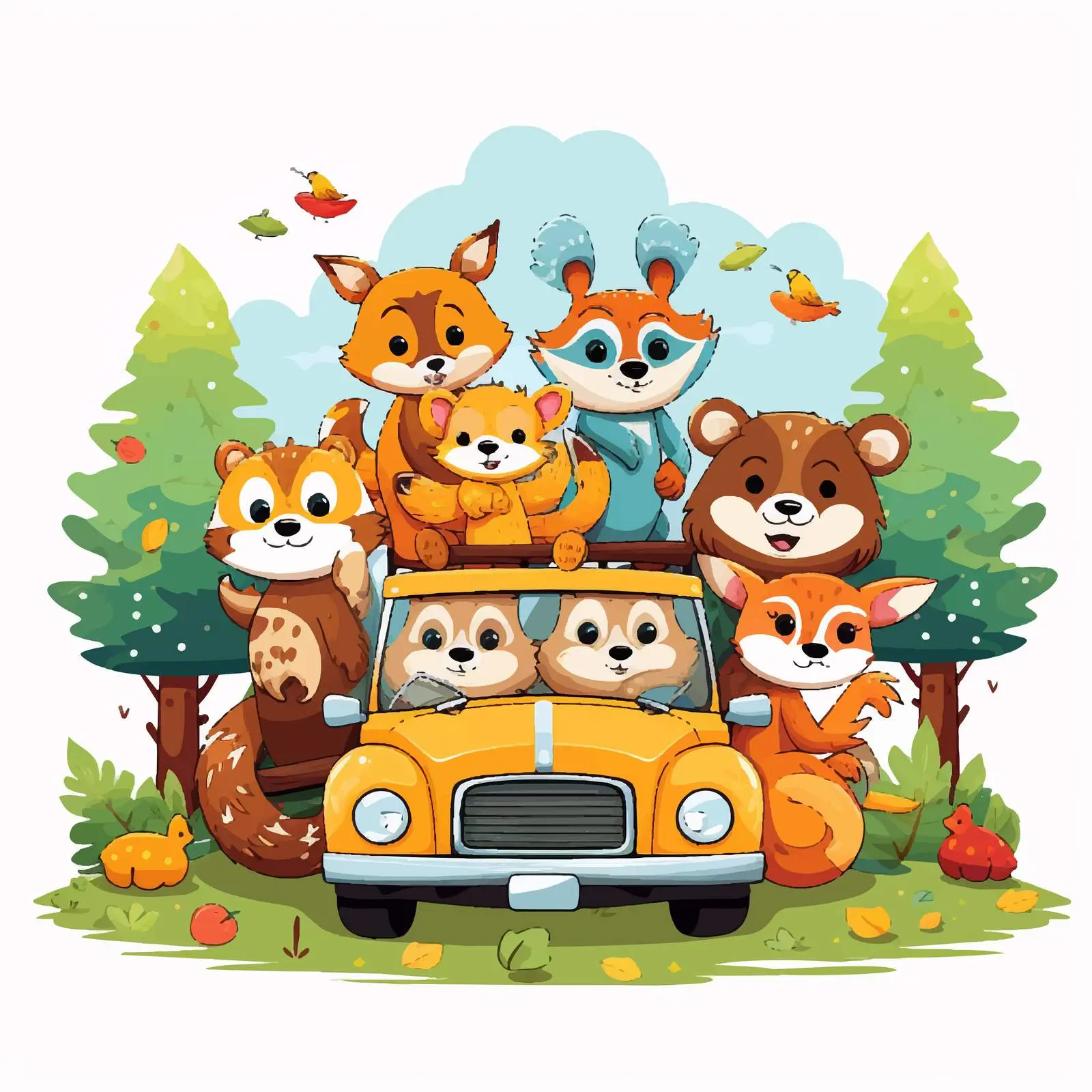Cartoon Animals Riding in a Car in the Park — free download from Dotvec