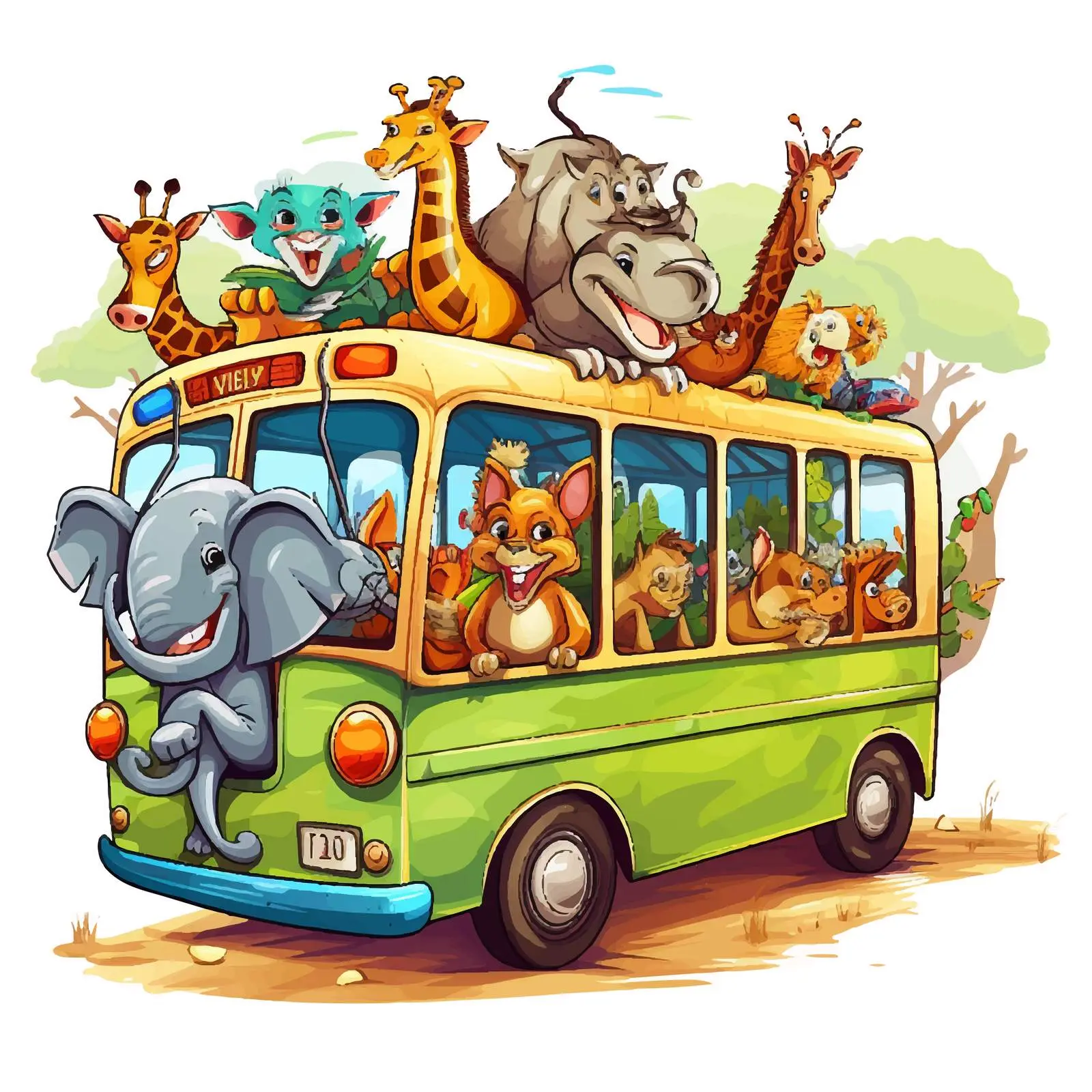 Cartoon Animals Riding a Zoo Bus Vector – free shirt design image from Dotvec