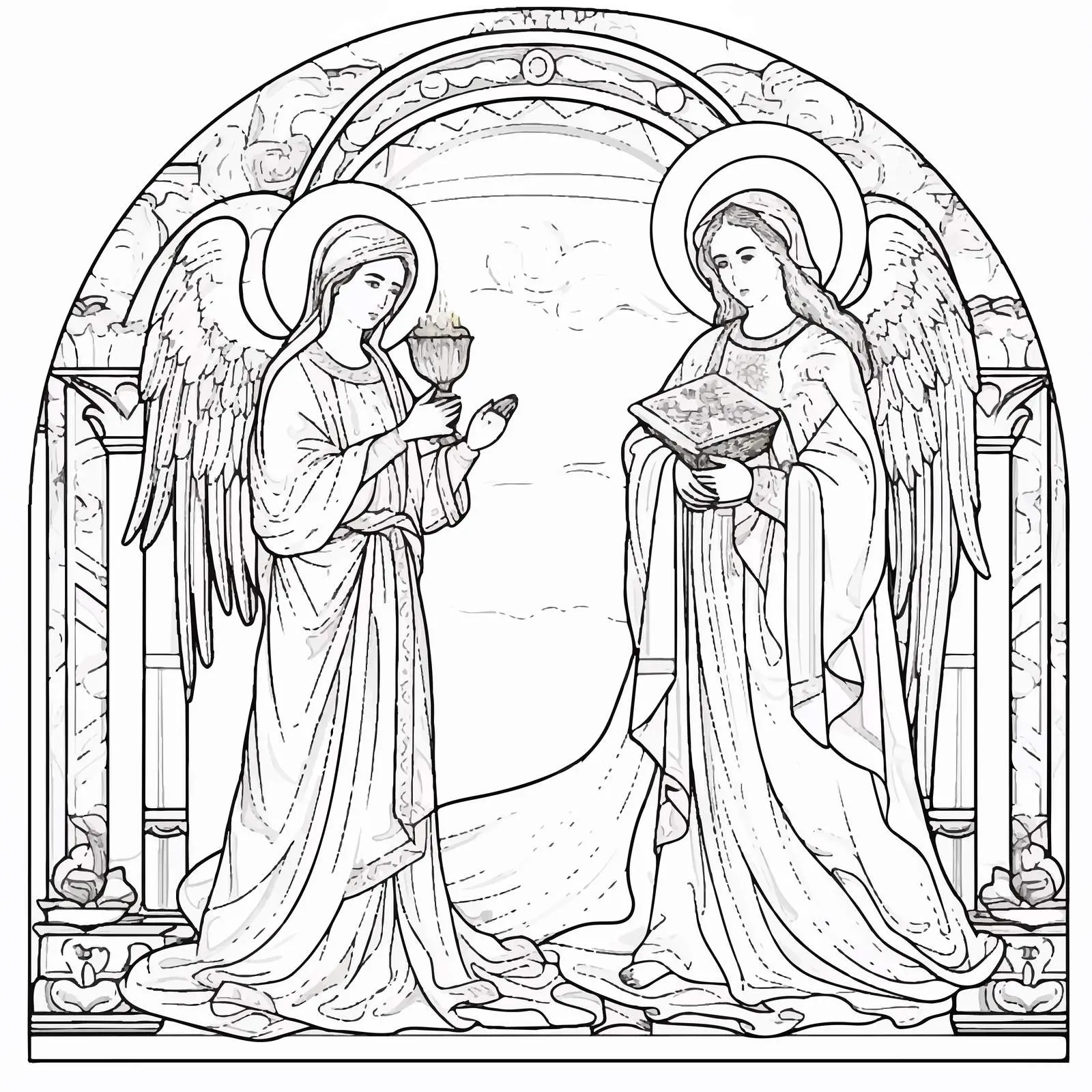 Annunciation Coloring Page for the Blessed Virgin Mary – free artistic interpretation image from Dotvec
