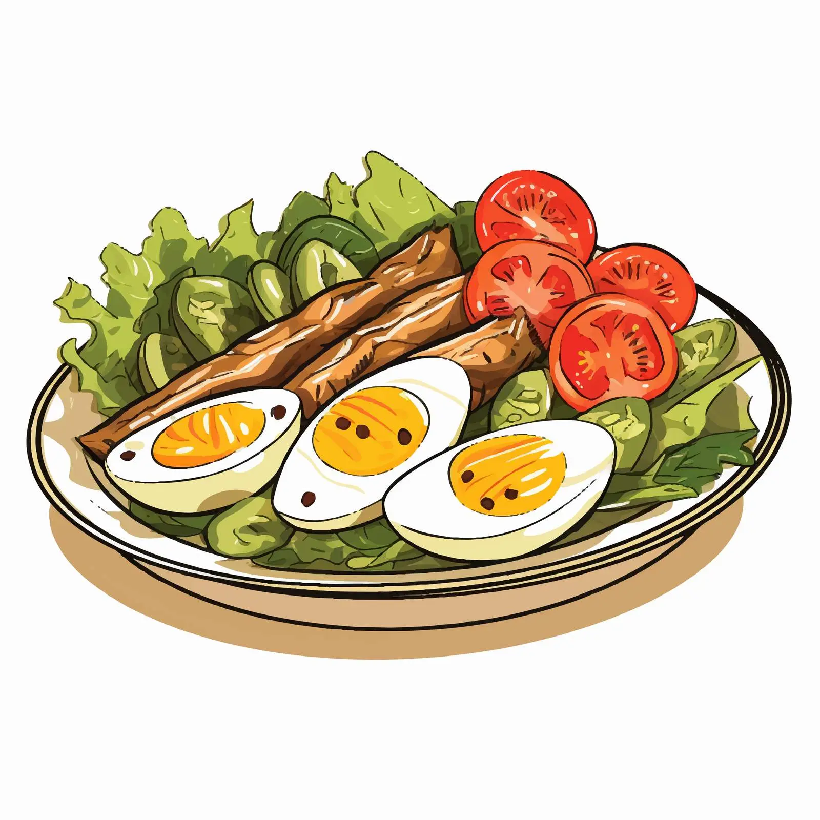 Hand-Drawn Appetizing Salad with Vegetables and Fish — free download from Dotvec