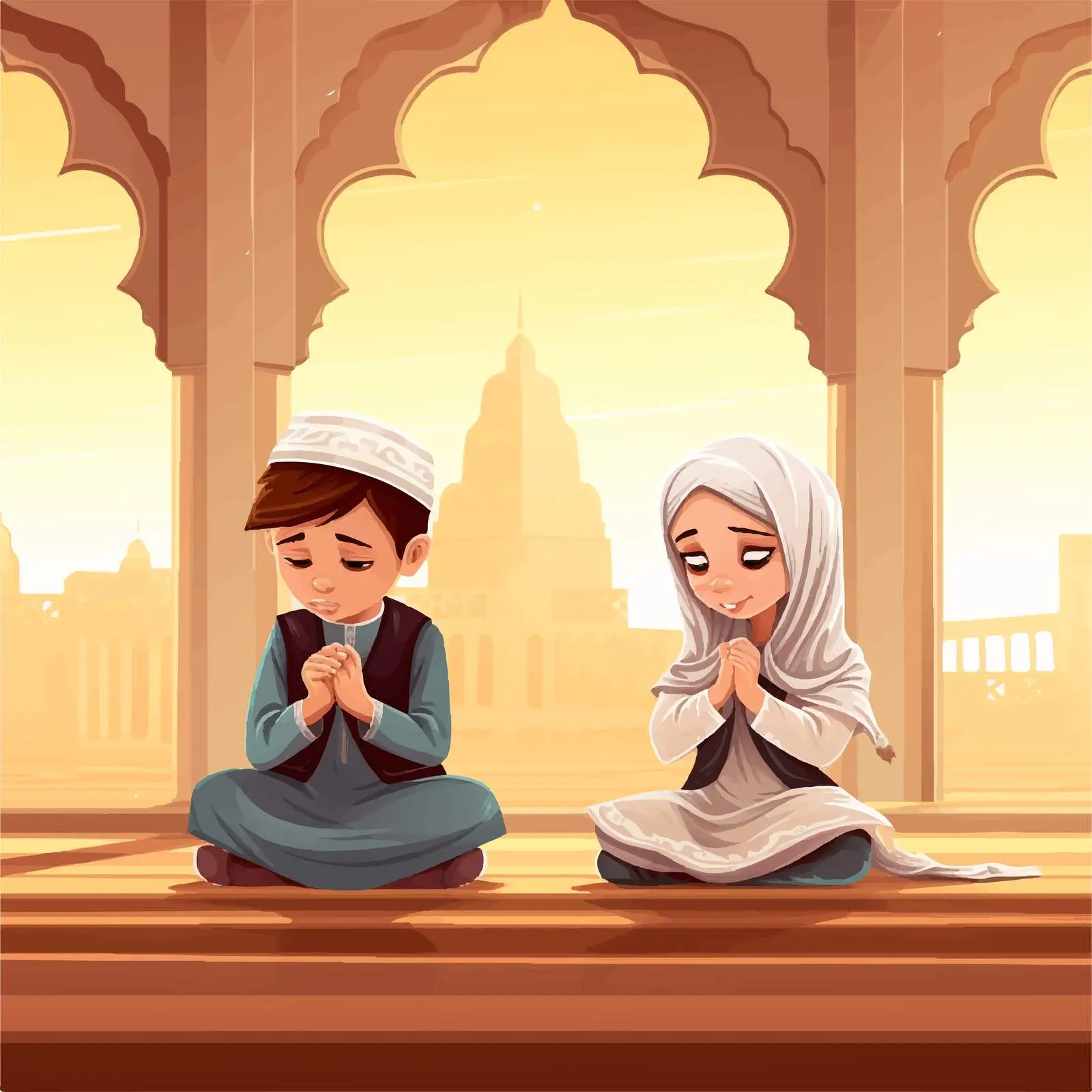 Arab Muslim Children Praying in Traditional Attire — free download from Dotvec