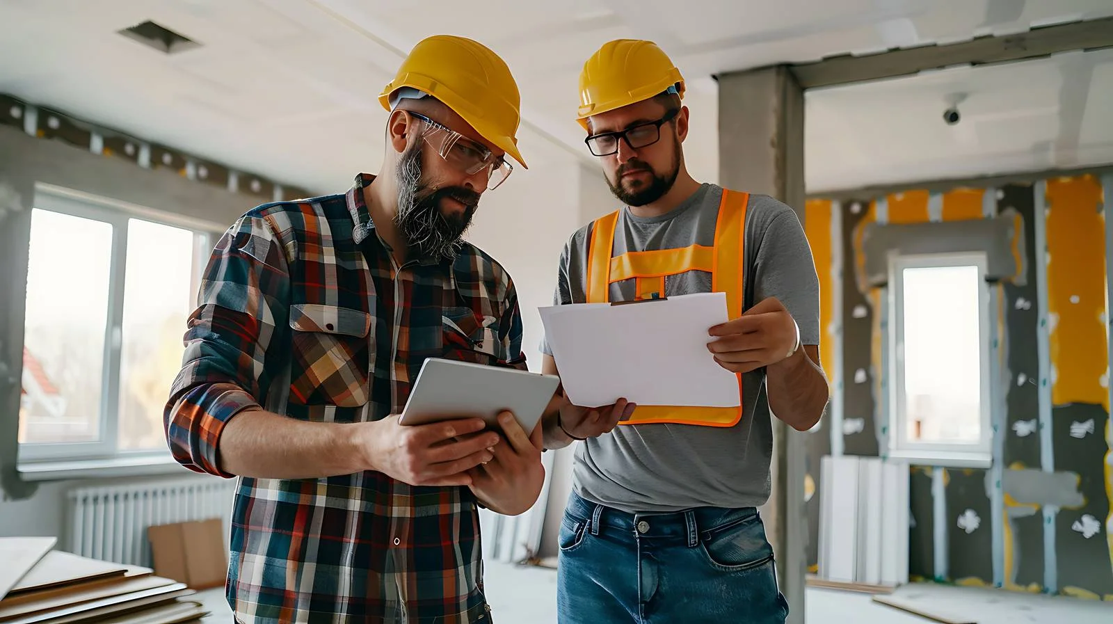 Construction site discussion with architect and worker — free download from Dotvec