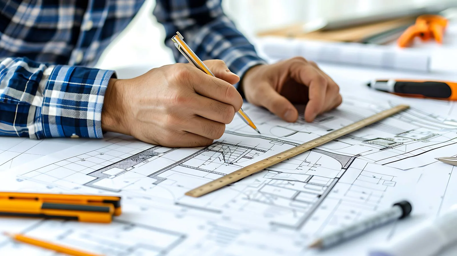 Architect Designing Blueprint with Divider Compass — free download from Dotvec