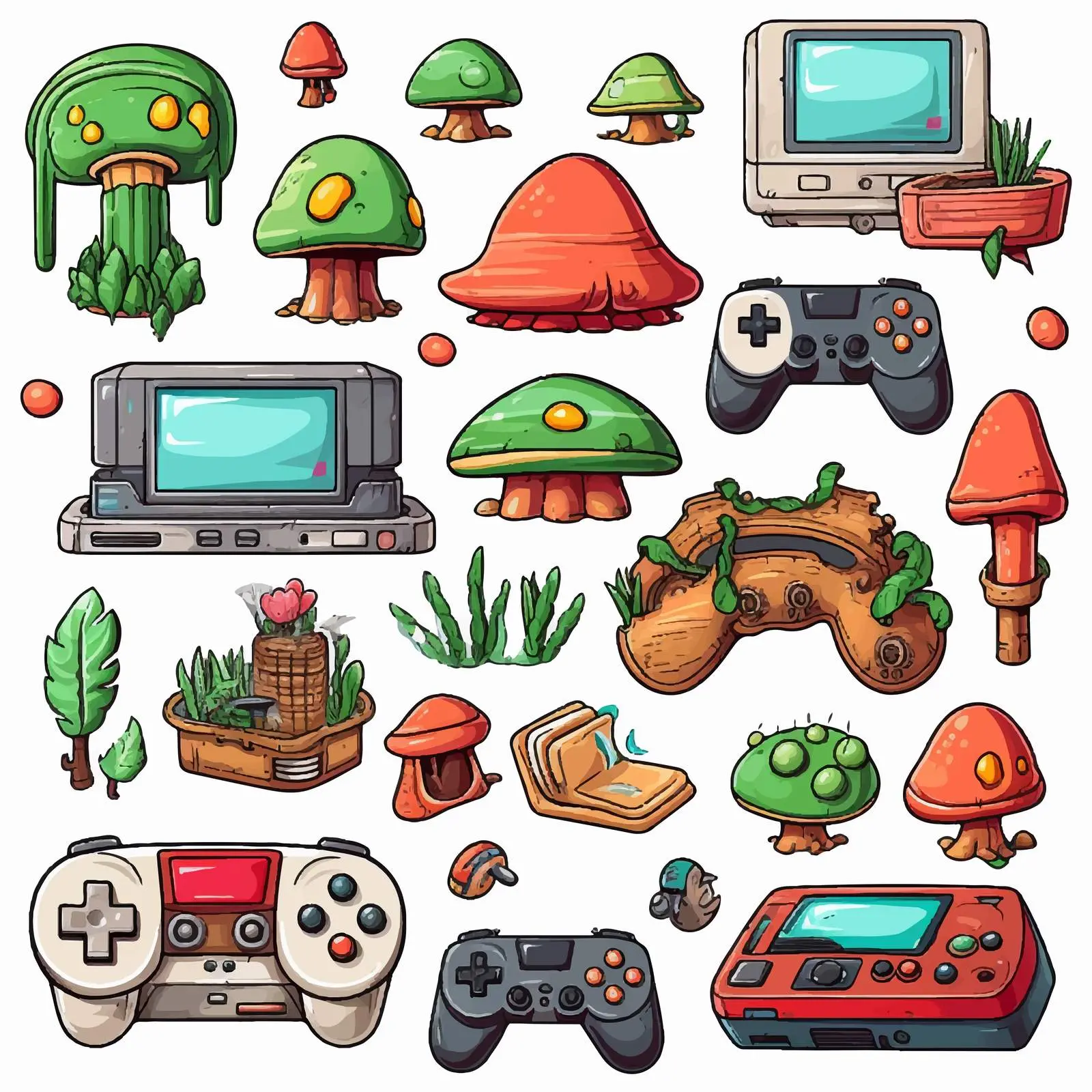 Colorful Gaming Design Elements on White Background – free video game image from Dotvec