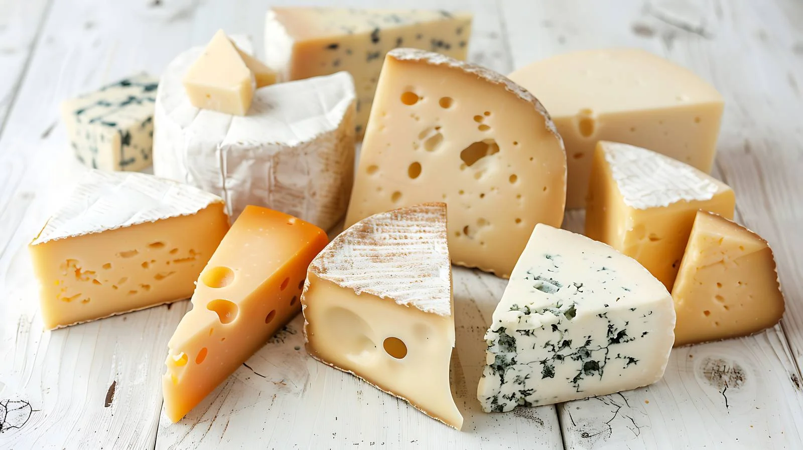Assorted Cheese Types on White Wood — free download from Dotvec