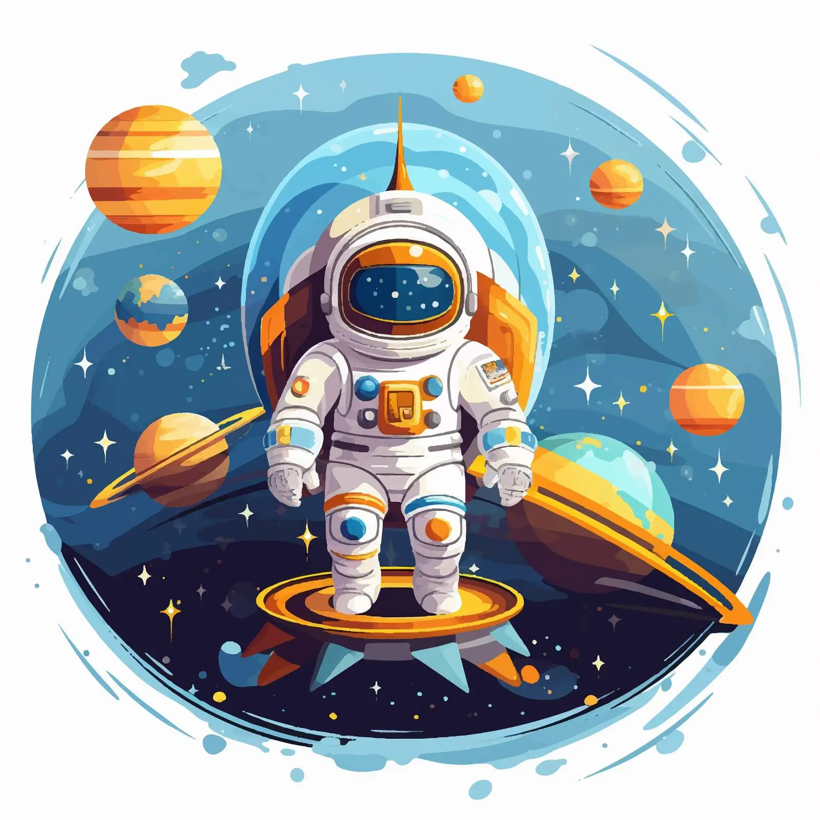 Cartoon Astronaut with Spaceship Illustration Poster — free download from Dotvec