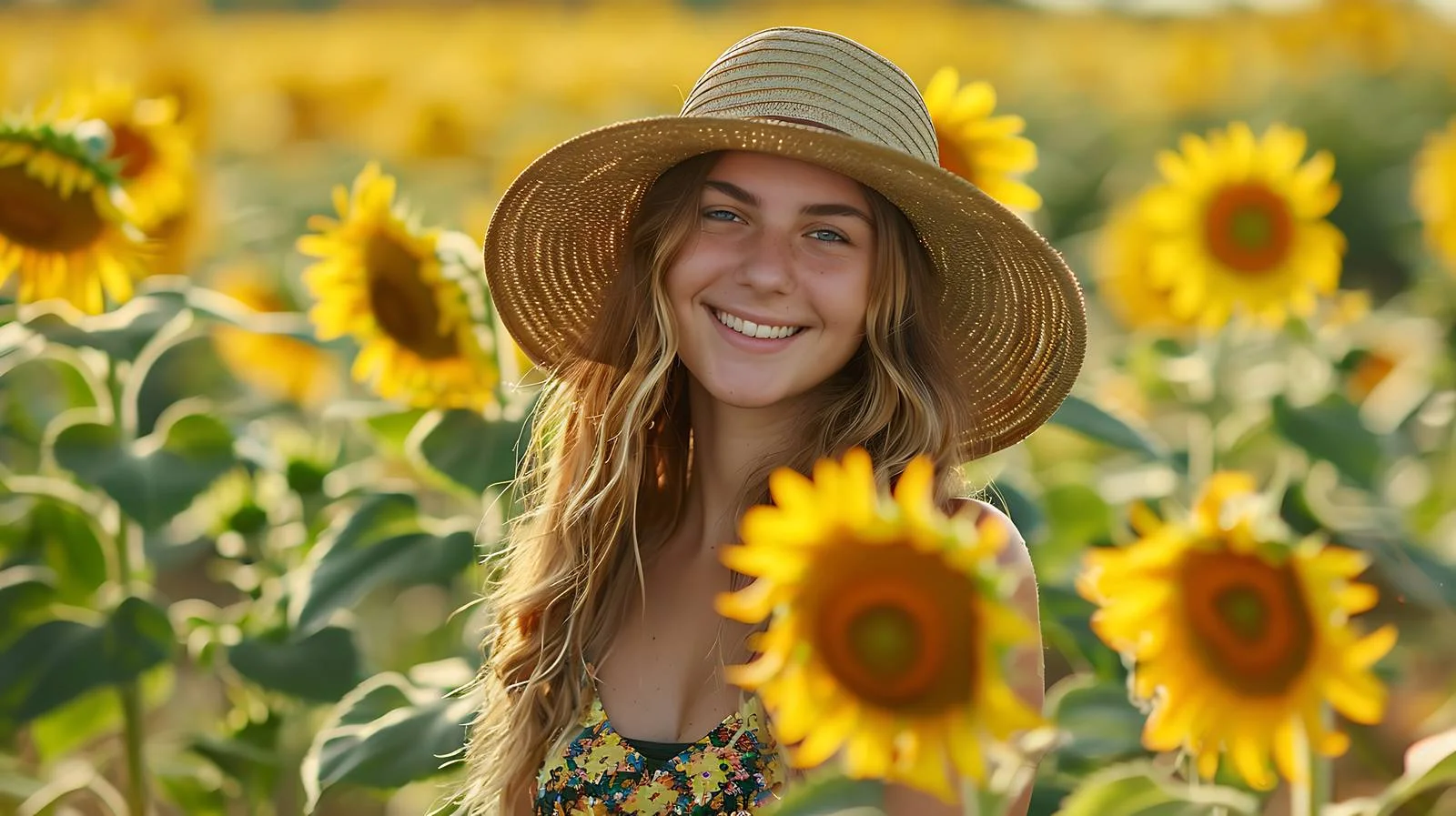 Joyful young lady in sunflower field — free download from Dotvec