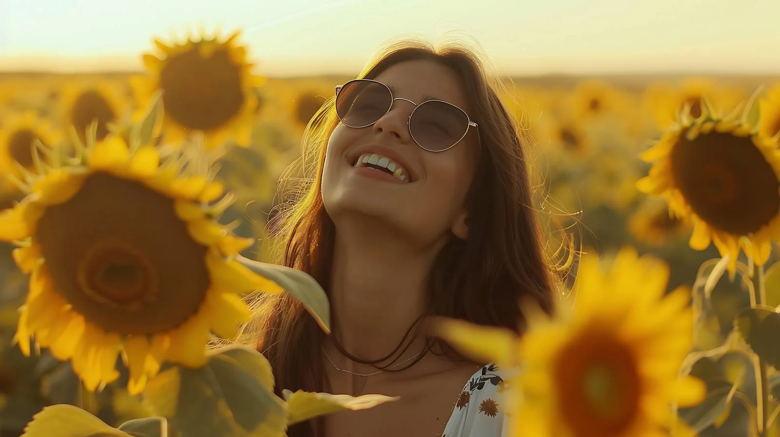 Joyful woman among sunflowers in field — free download from Dotvec