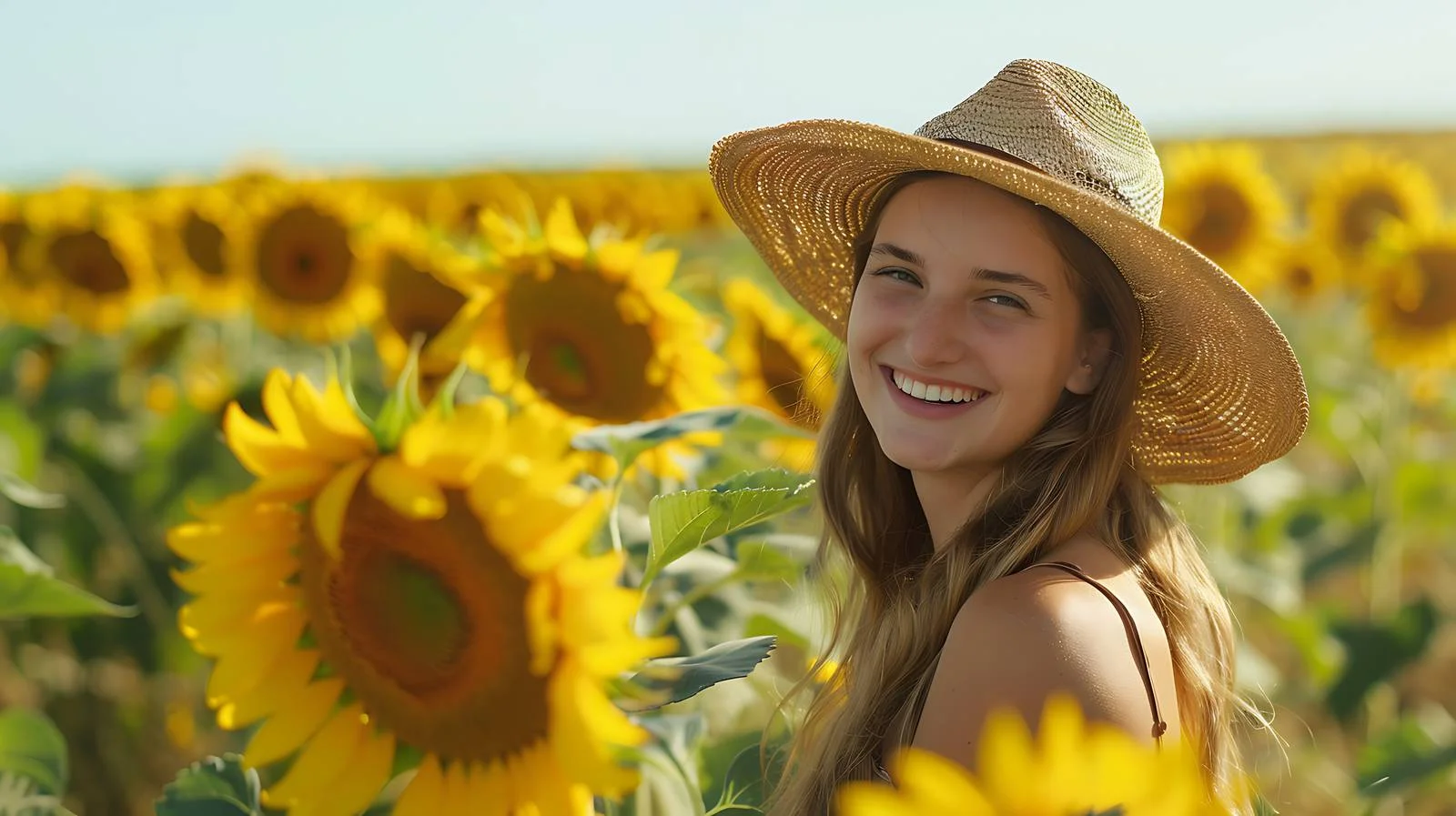 Joyful woman in sunflower field — free download from Dotvec