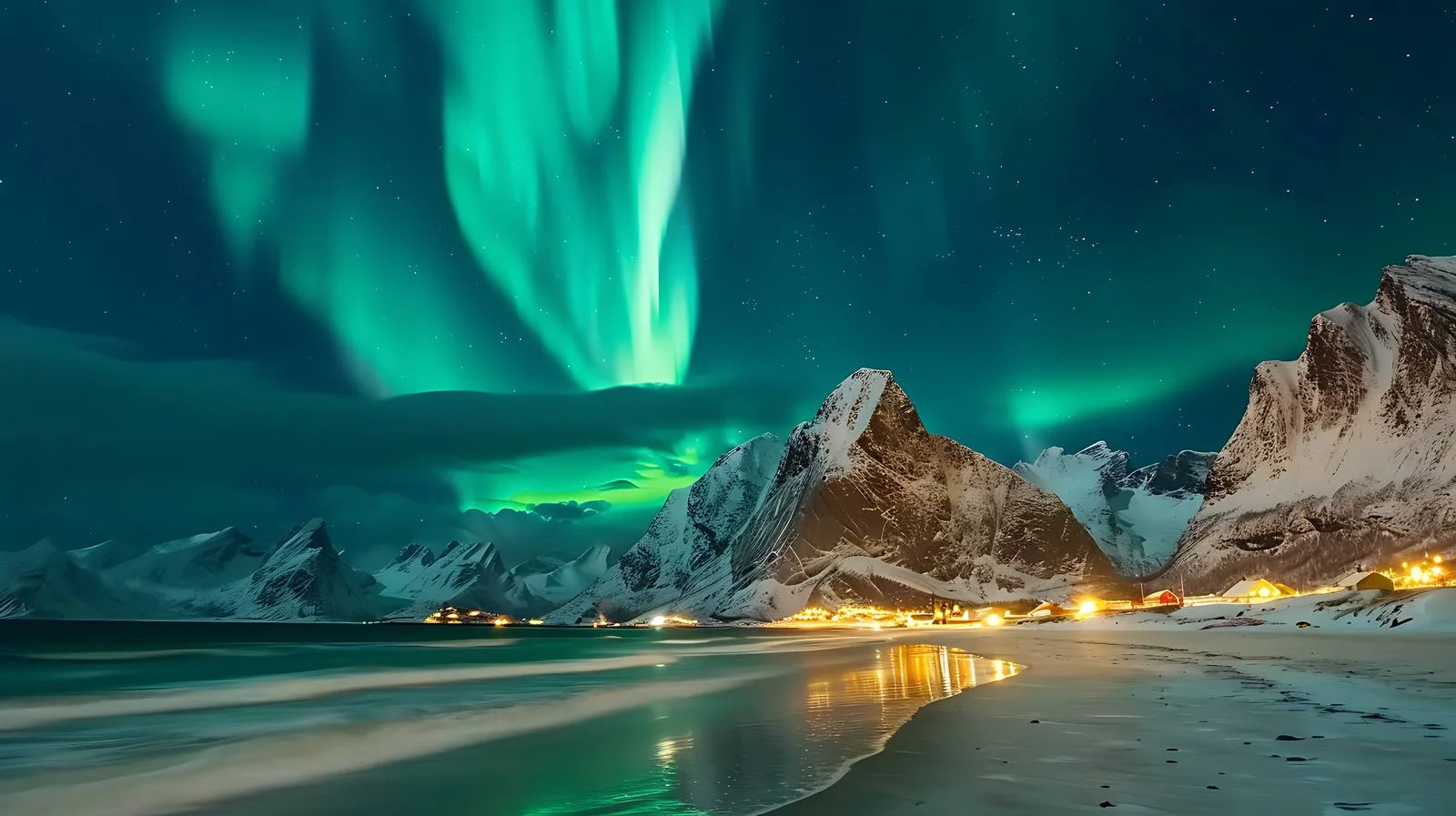 Northern Lights illuminating Skagsanden shore in Norway — free download from Dotvec