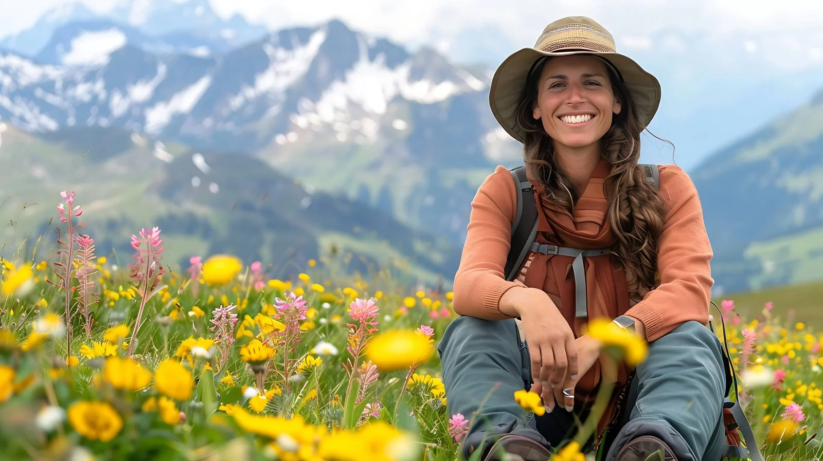 Joyful woman resting in Tyrolean alpine field — free download from Dotvec