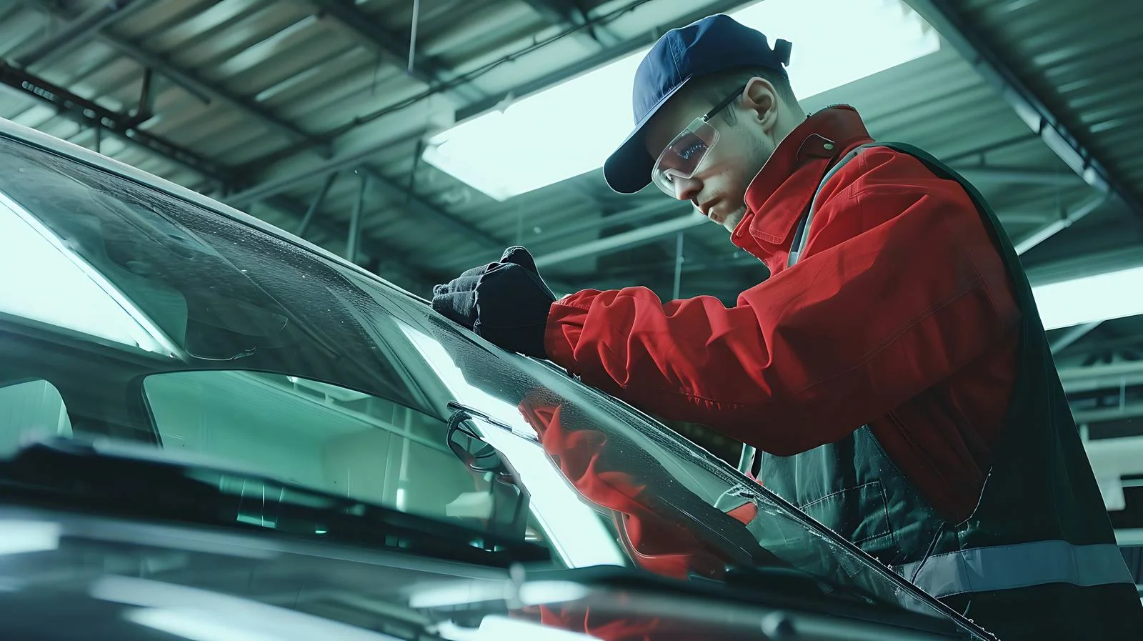 Skilled technicians replacing old car windshield — free download from Dotvec