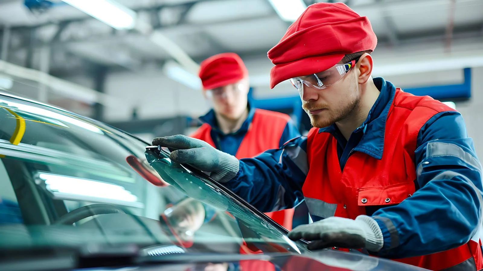 Automobile maintenance crew installing new windshield – free specialized image from Dotvec