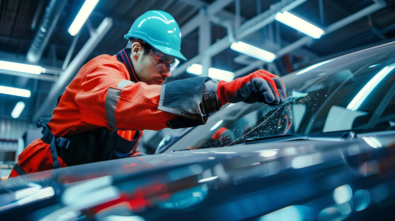 Automobile technicians replacing car windscreen professionally — free download from Dotvec