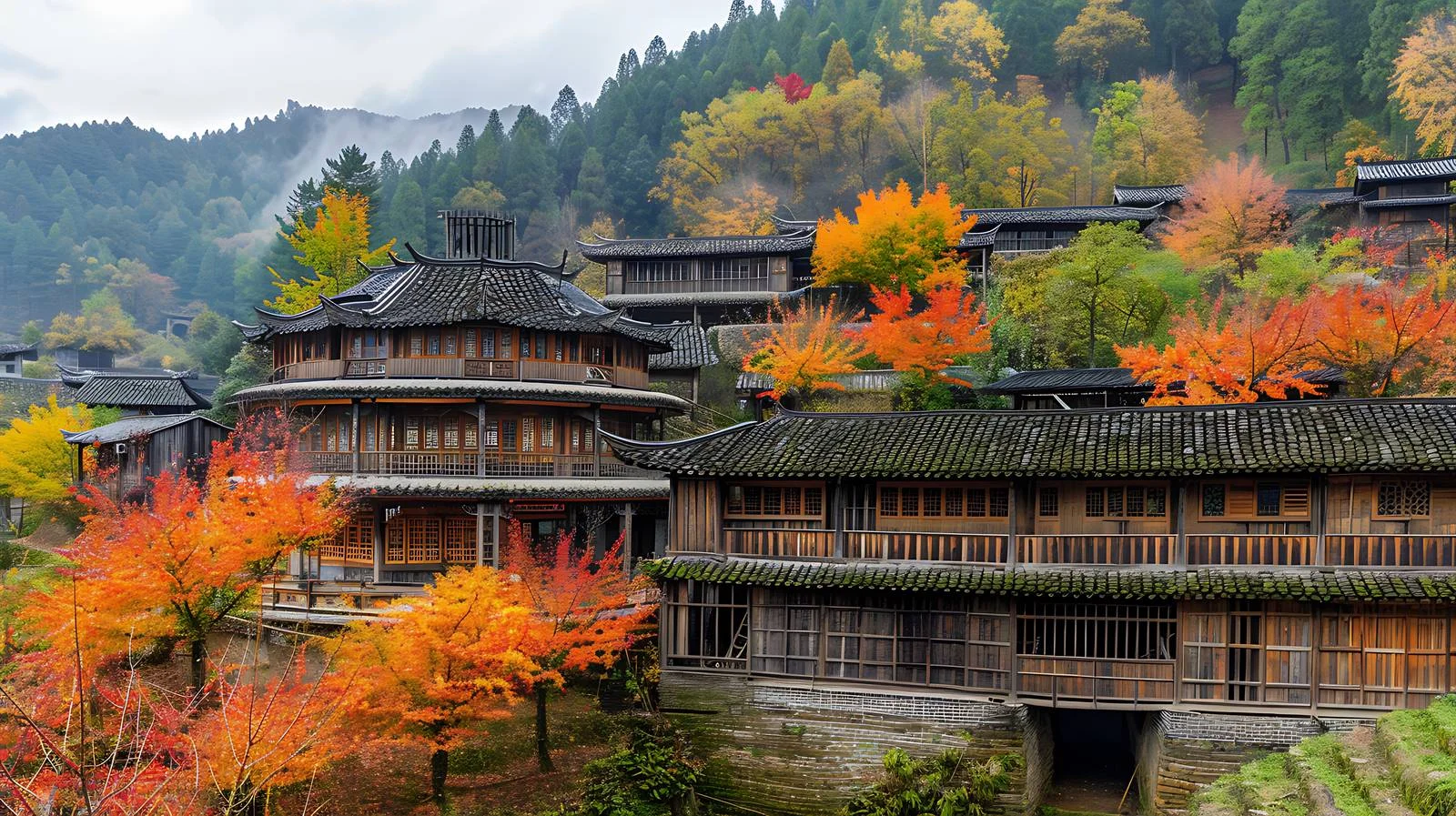 Vibrant Autumn Tulou on White Background — free download from Dotvec