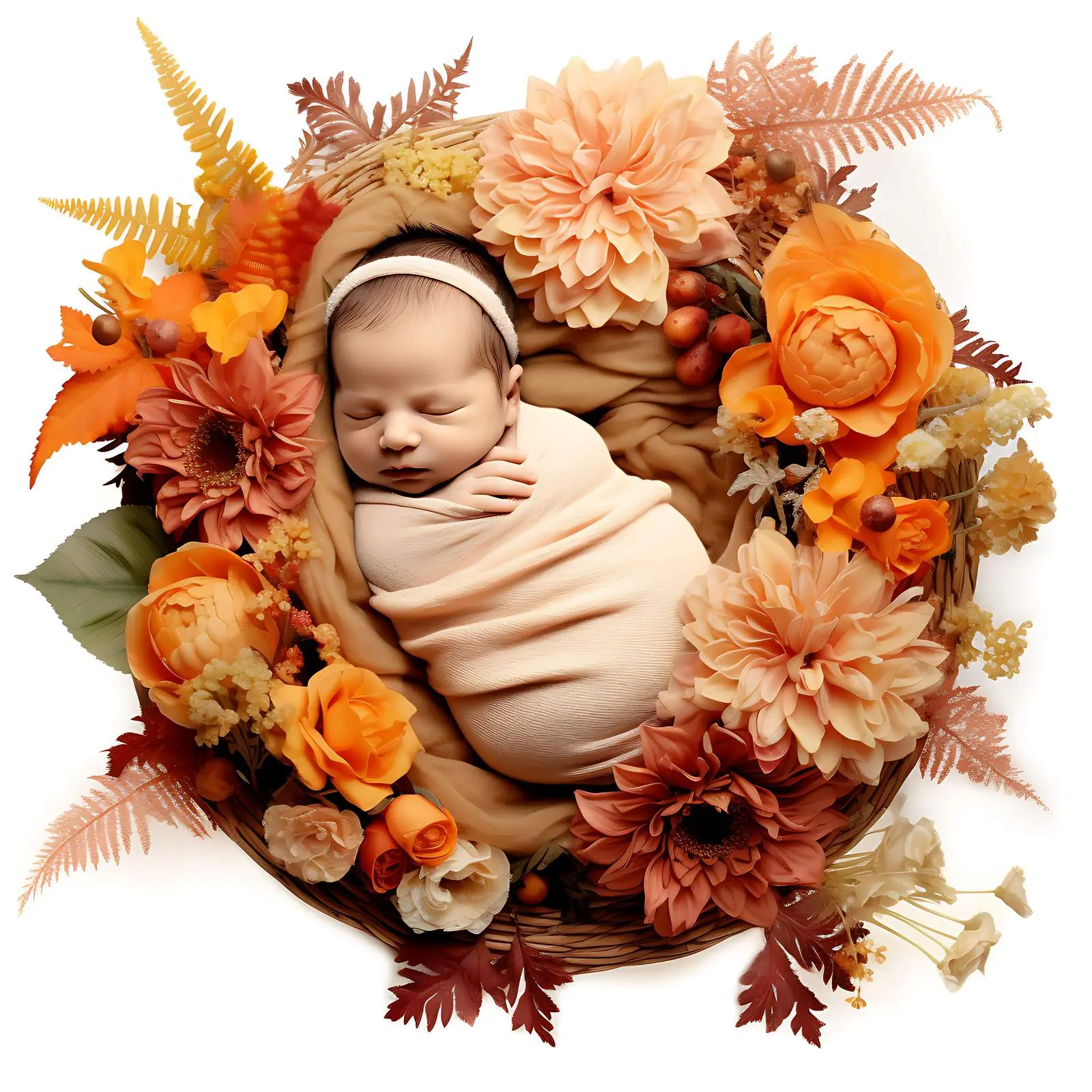 Autumn Floral Newborn Portrait in Basket — free download from Dotvec