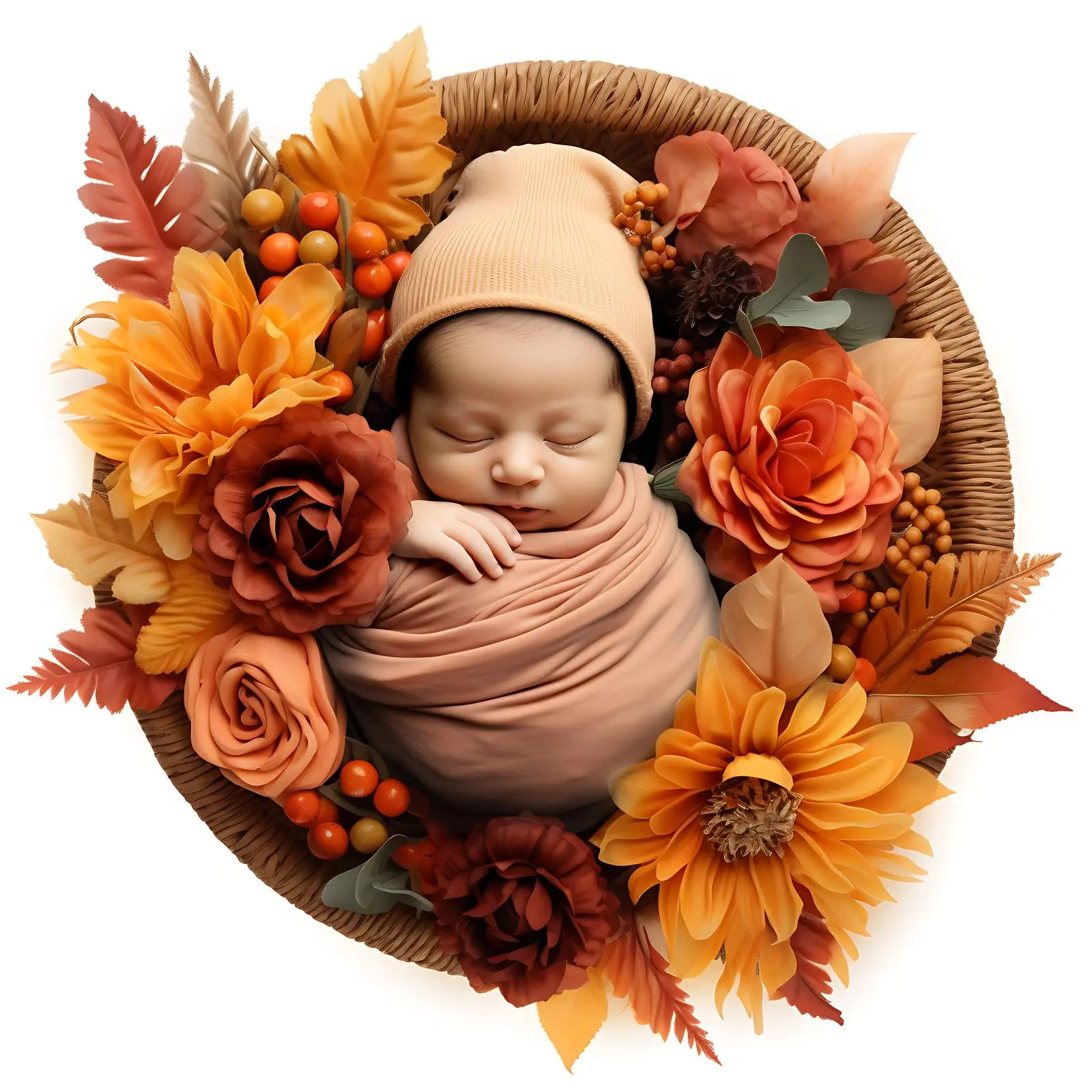 Autumn Newborn Portrait in Floral Basket — free download from Dotvec