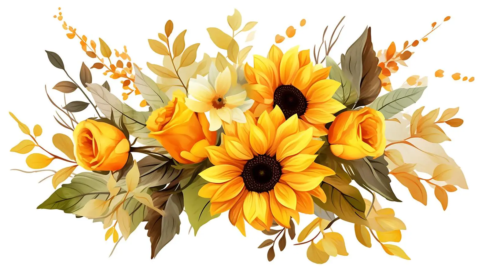 Autumn Sunflowers Leaves Bouquet Drawing – free sunflowers image from Dotvec