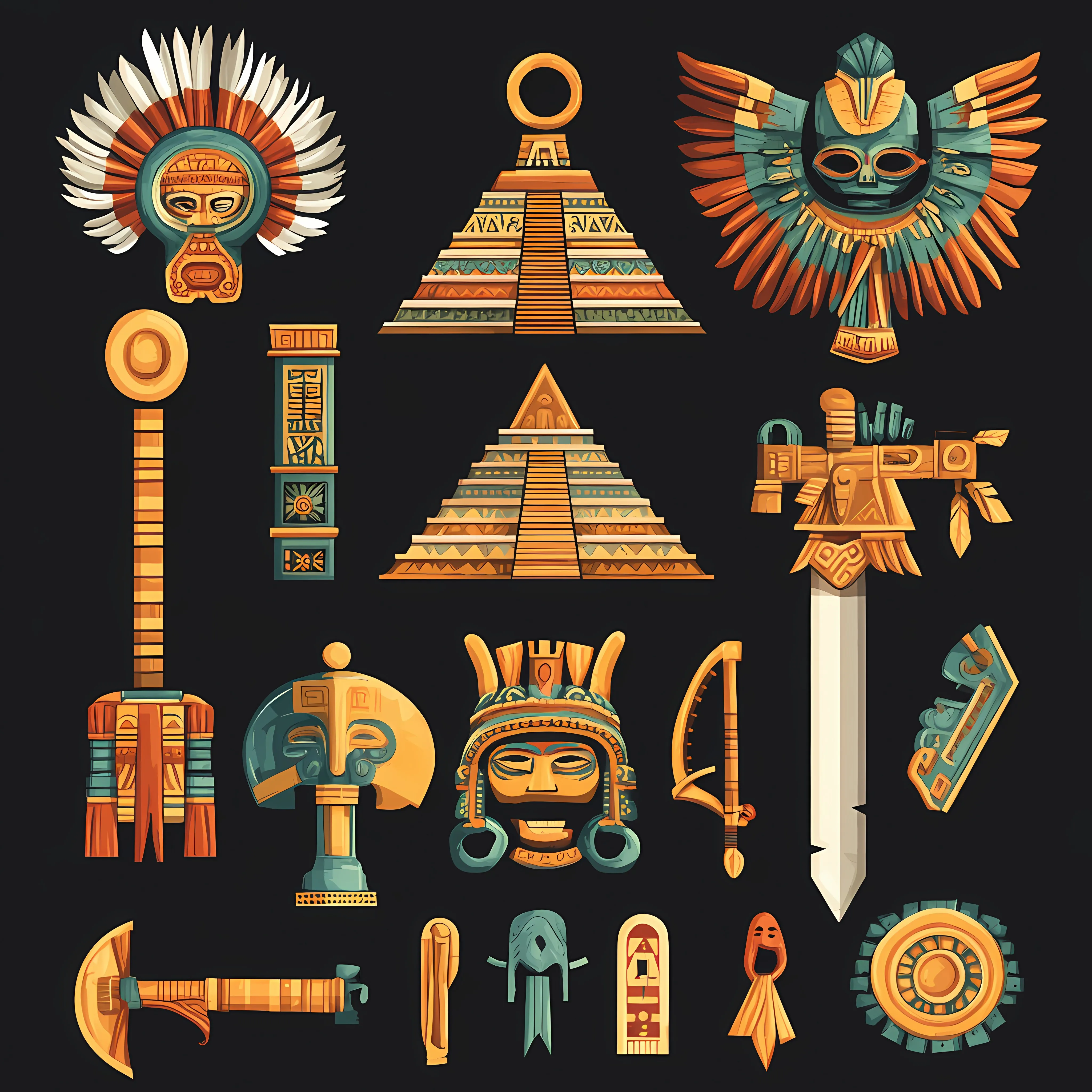 Aztec Pyramid Weapon Coin Mask Icons Vector — free download from Dotvec