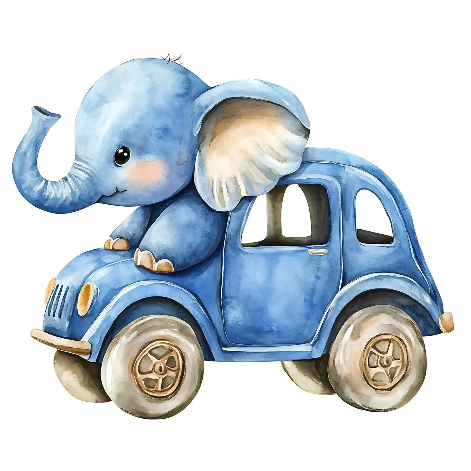 Cute Baby Elephant with Blue Car Watercolor Art – free paint image from Dotvec