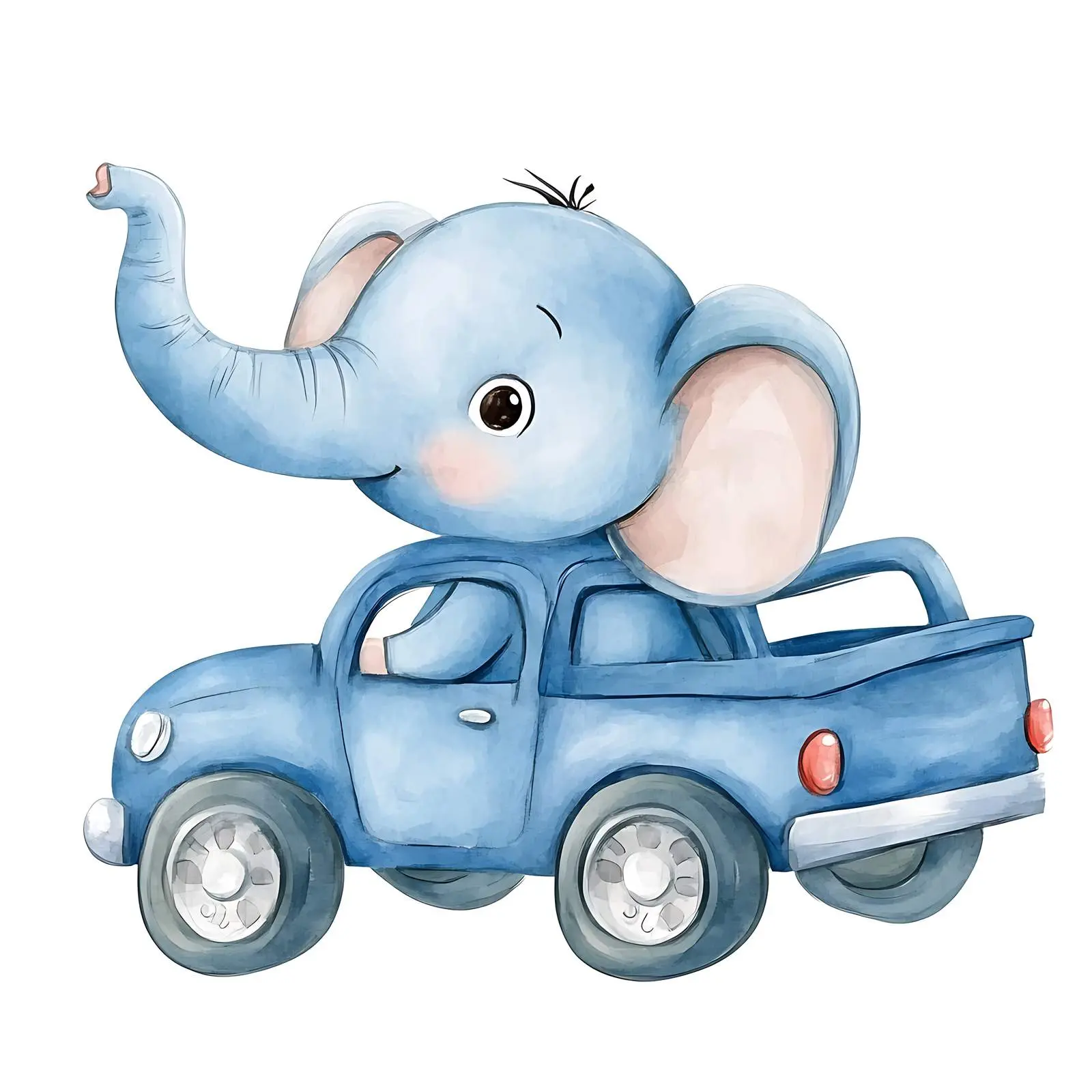 Cute Baby Elephant in Blue Car Watercolor Art – free paint image from Dotvec
