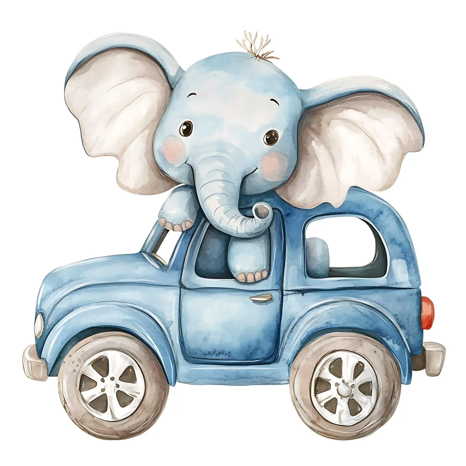 Cute Baby Elephant with Blue Car Watercolor Clipart – free fantasy image from Dotvec