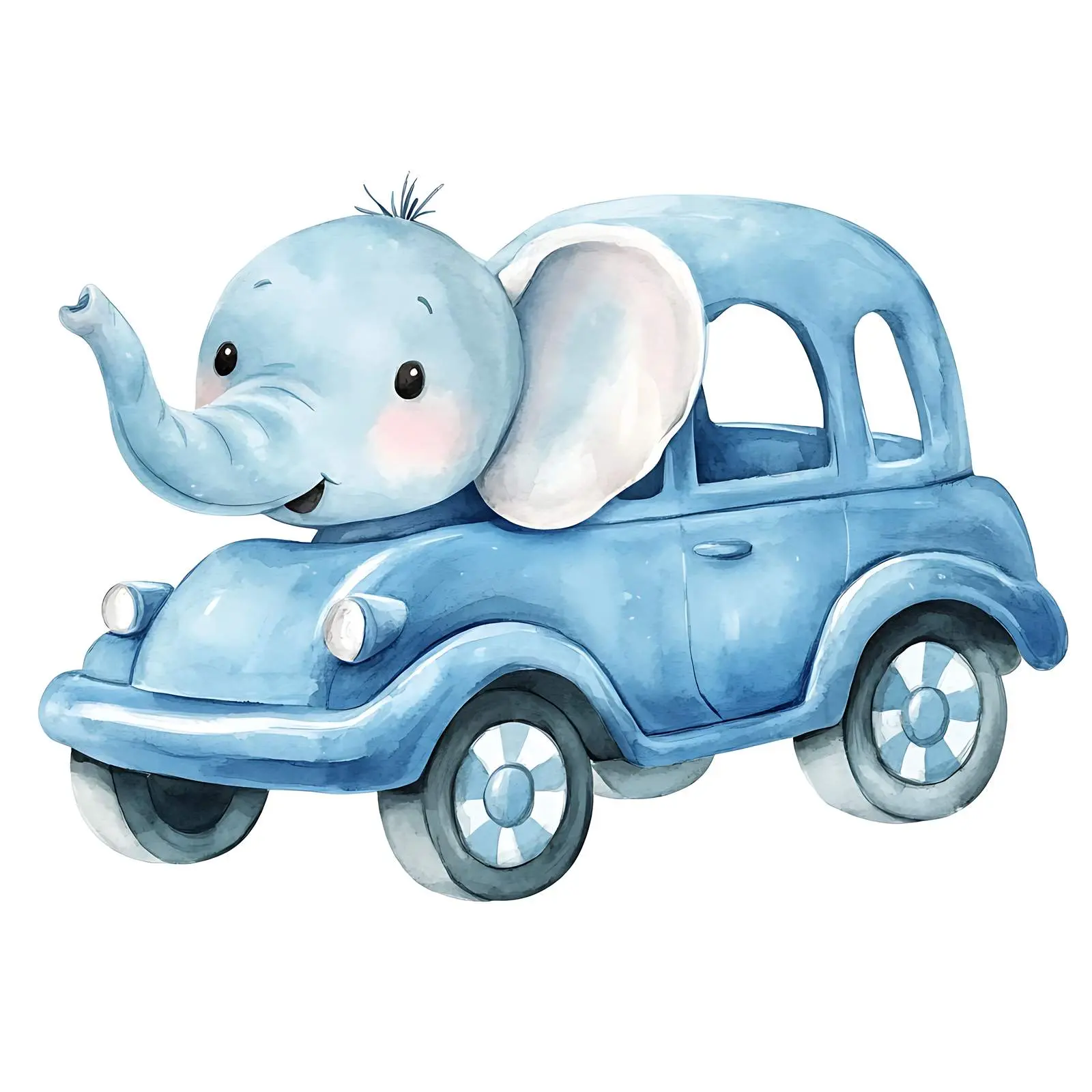 Baby Elephant in Blue Car Watercolor Clipart – free fantasy image from Dotvec