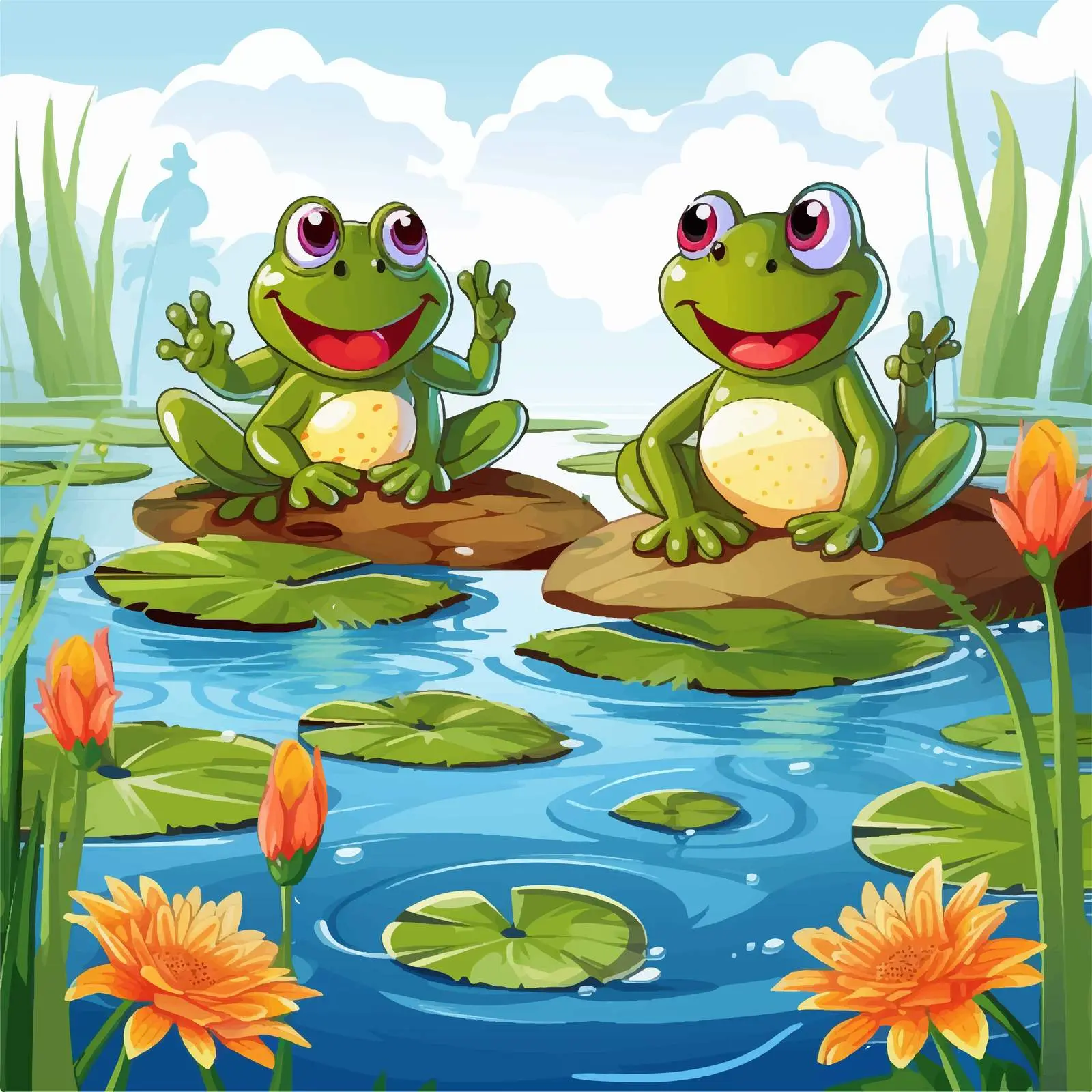 Cheerful Frogs in a Serene Pond Illustration — free download from Dotvec