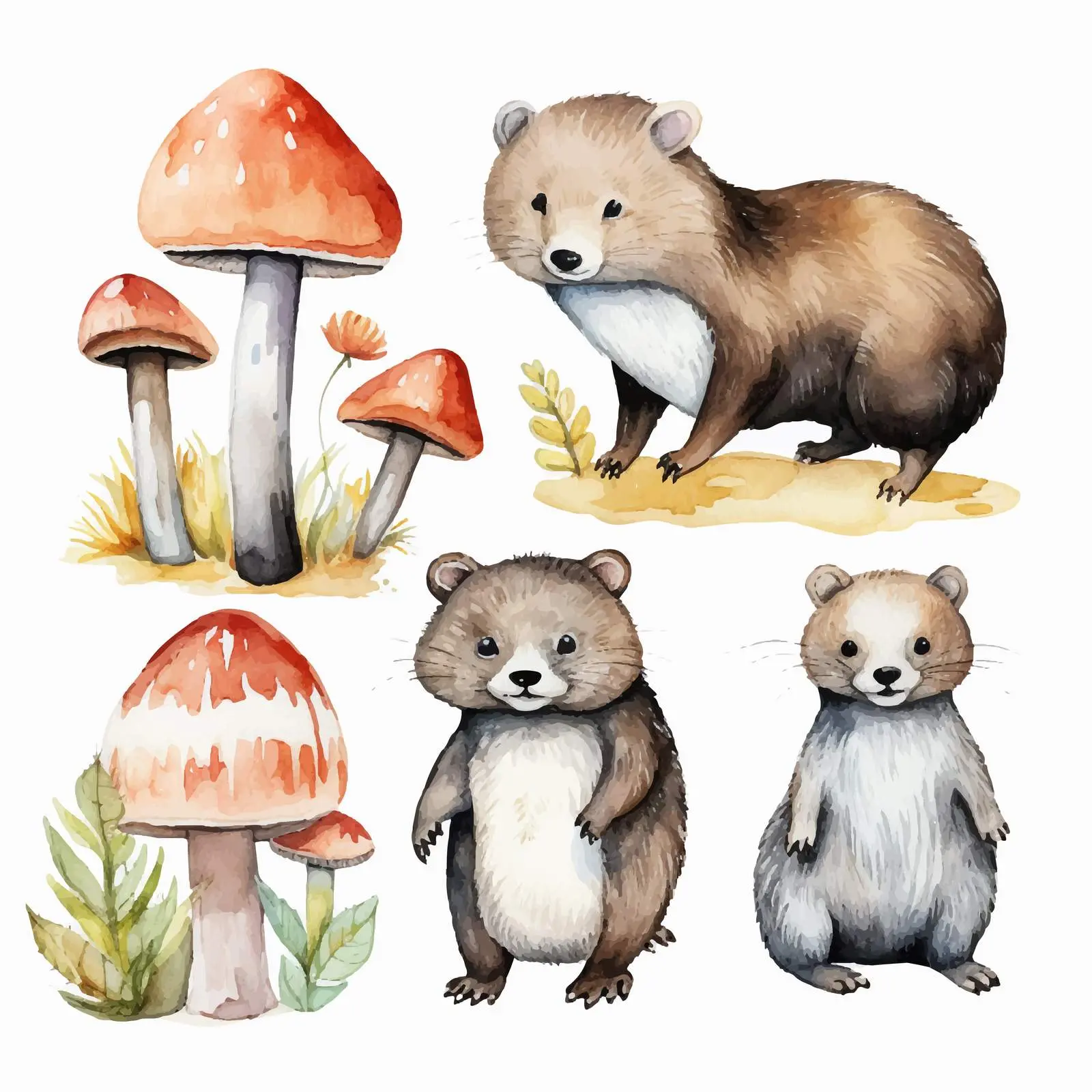 Watercolor Animal Set: Badger, Bunny, Bear, Beaver – free bad image from Dotvec