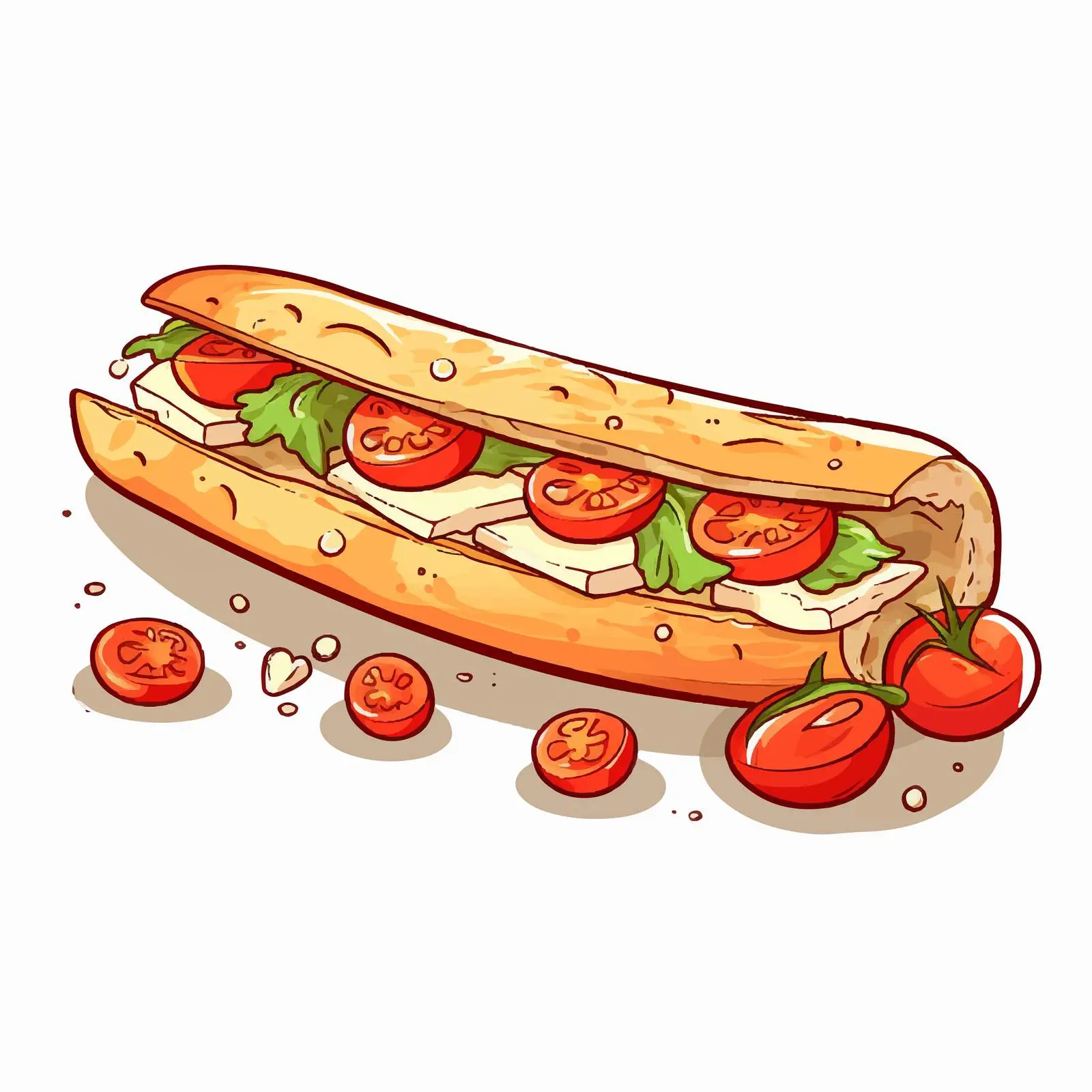 Baguette with Cheese and Tomatoes Lunch Vector — free download from Dotvec