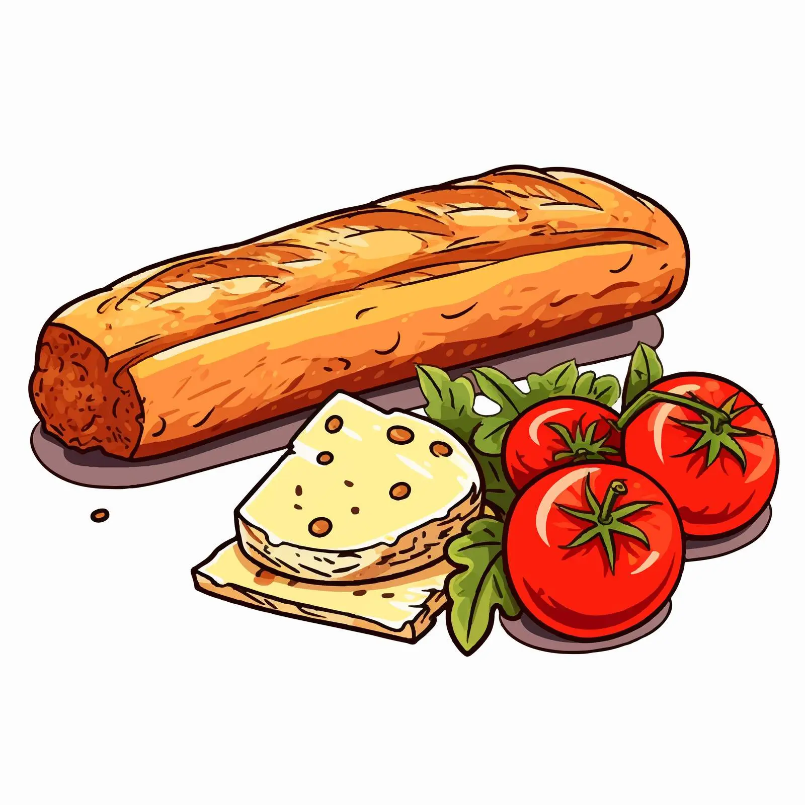 Baguette with Cheese and Tomatoes Lunch Vector — free download from Dotvec