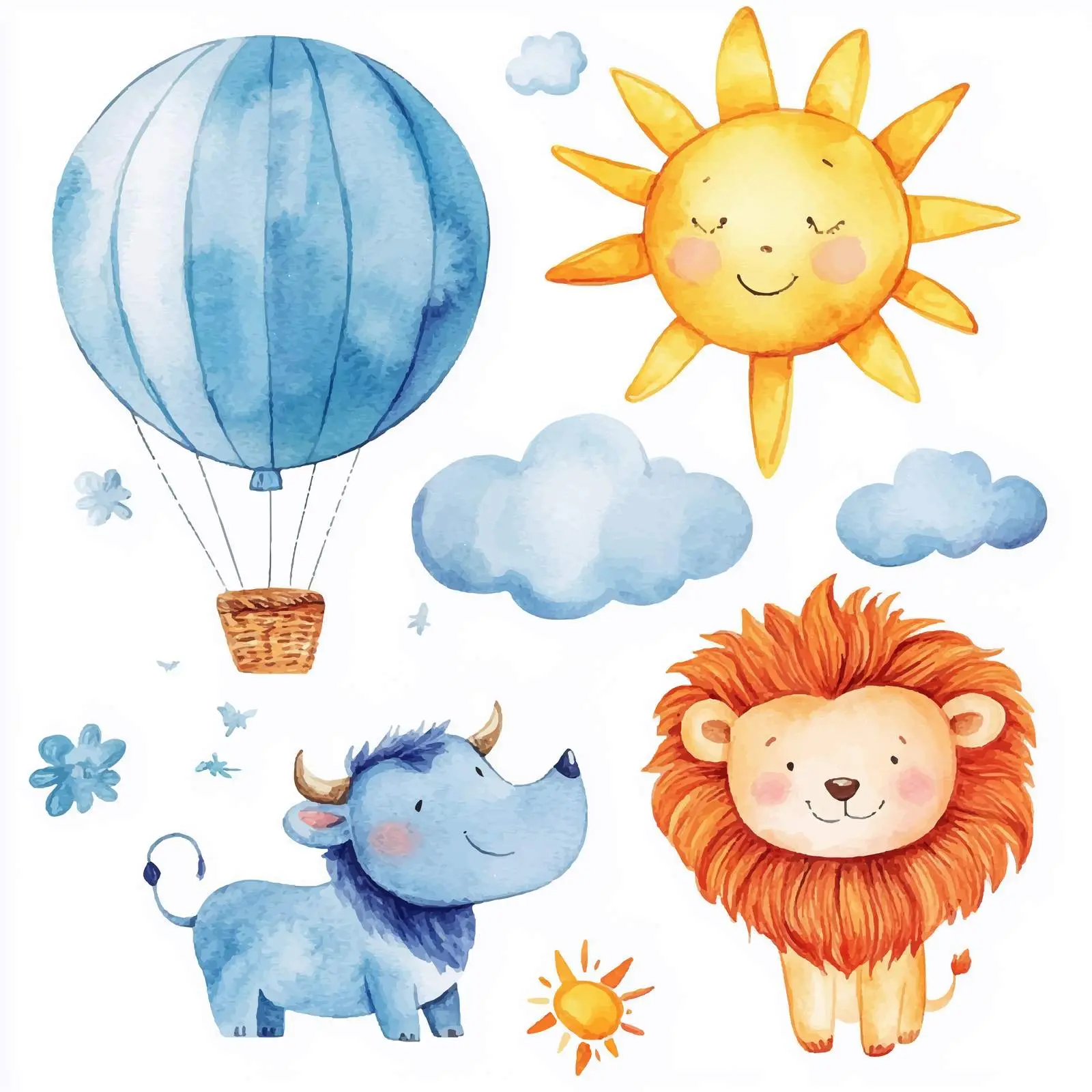 Colorful Watercolor Cartoon Balloon Lion and Sun – free childrens art image from Dotvec